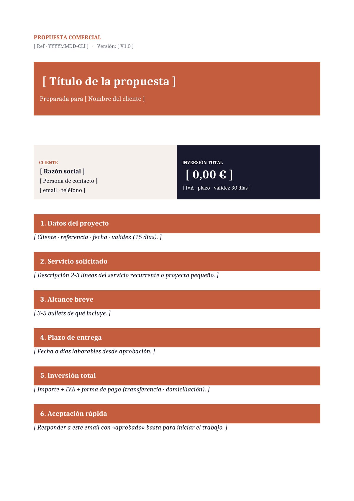 Plantilla Propuesta express en una página (cliente recurrente)