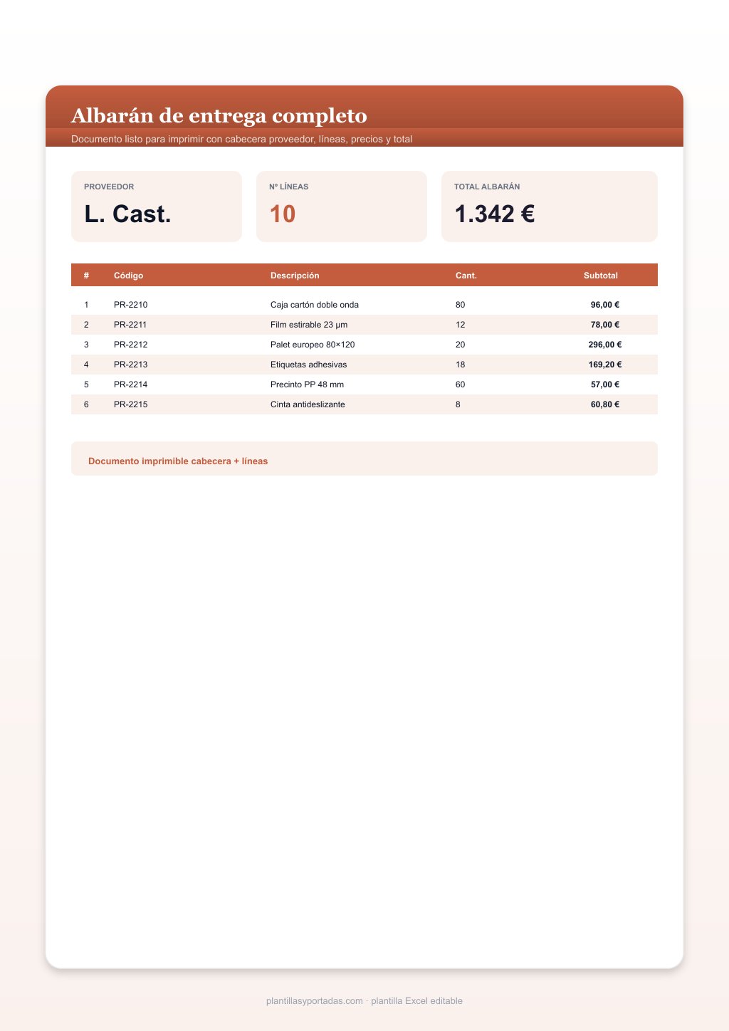 Plantilla Albarán de entrega completo en Excel