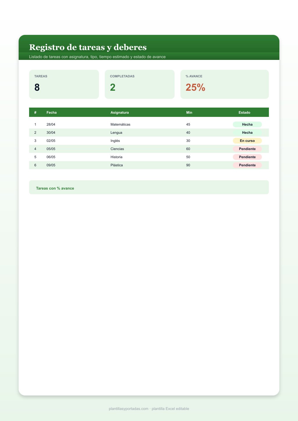 Plantilla Registro de tareas y deberes en Excel