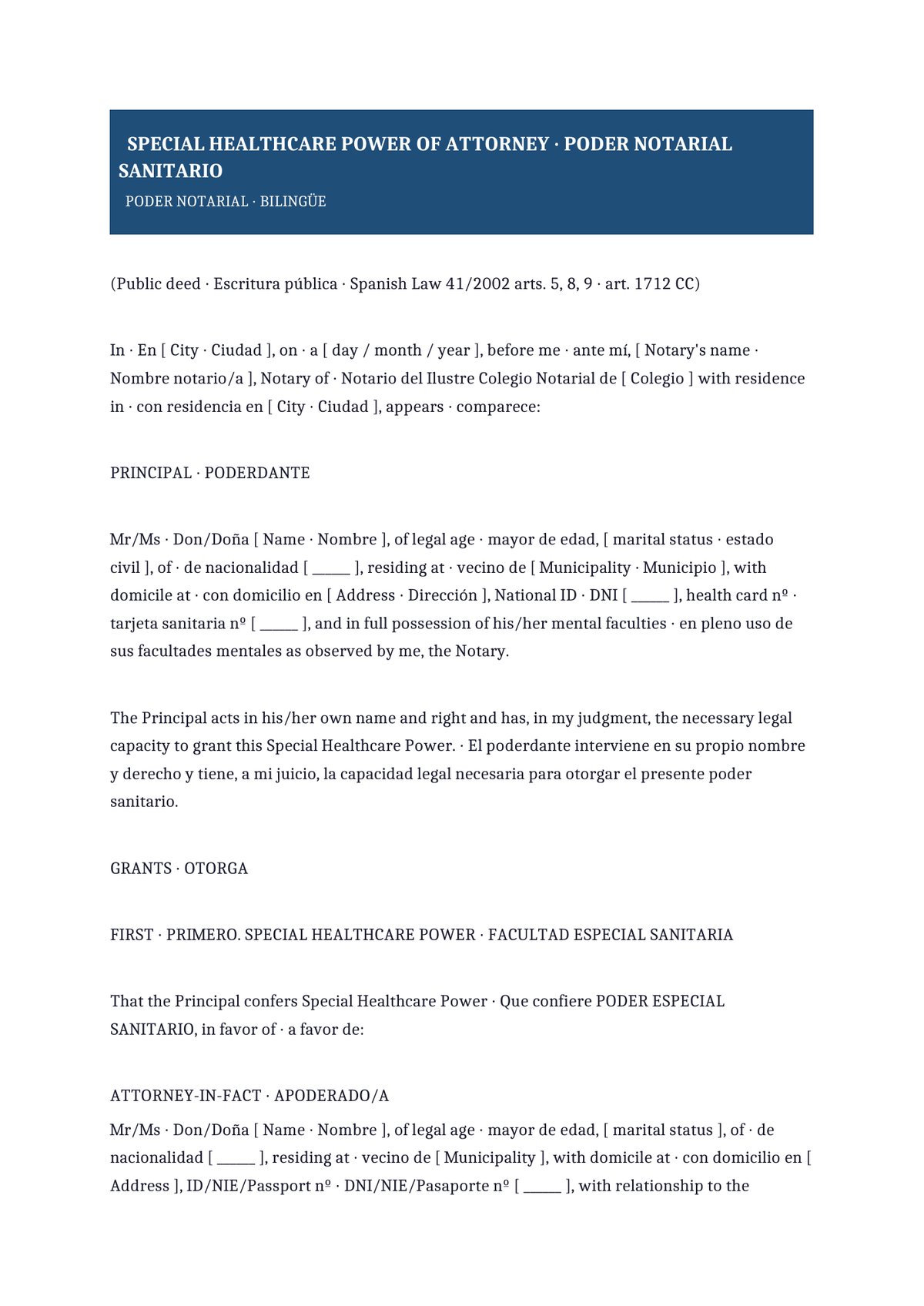 Plantilla Poder notarial sanitario bilingüe (ES + EN)
