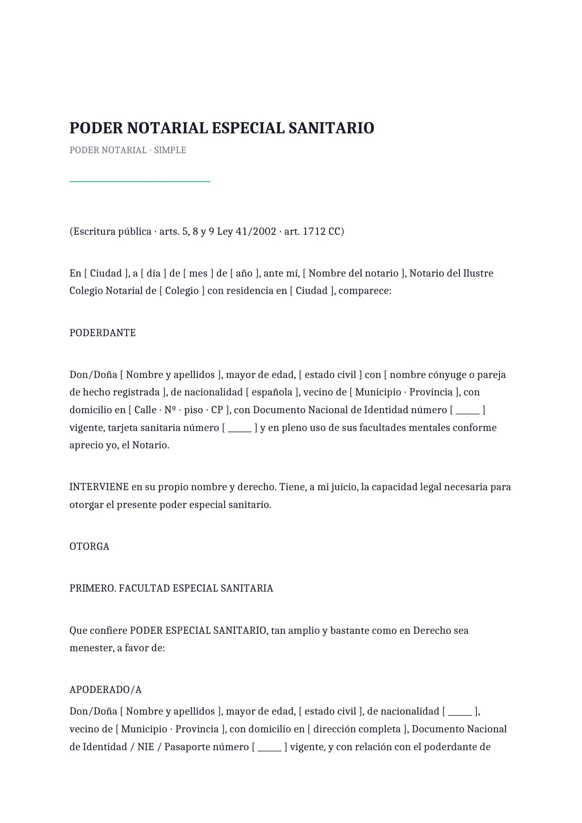 Plantilla Poder notarial sanitario simple