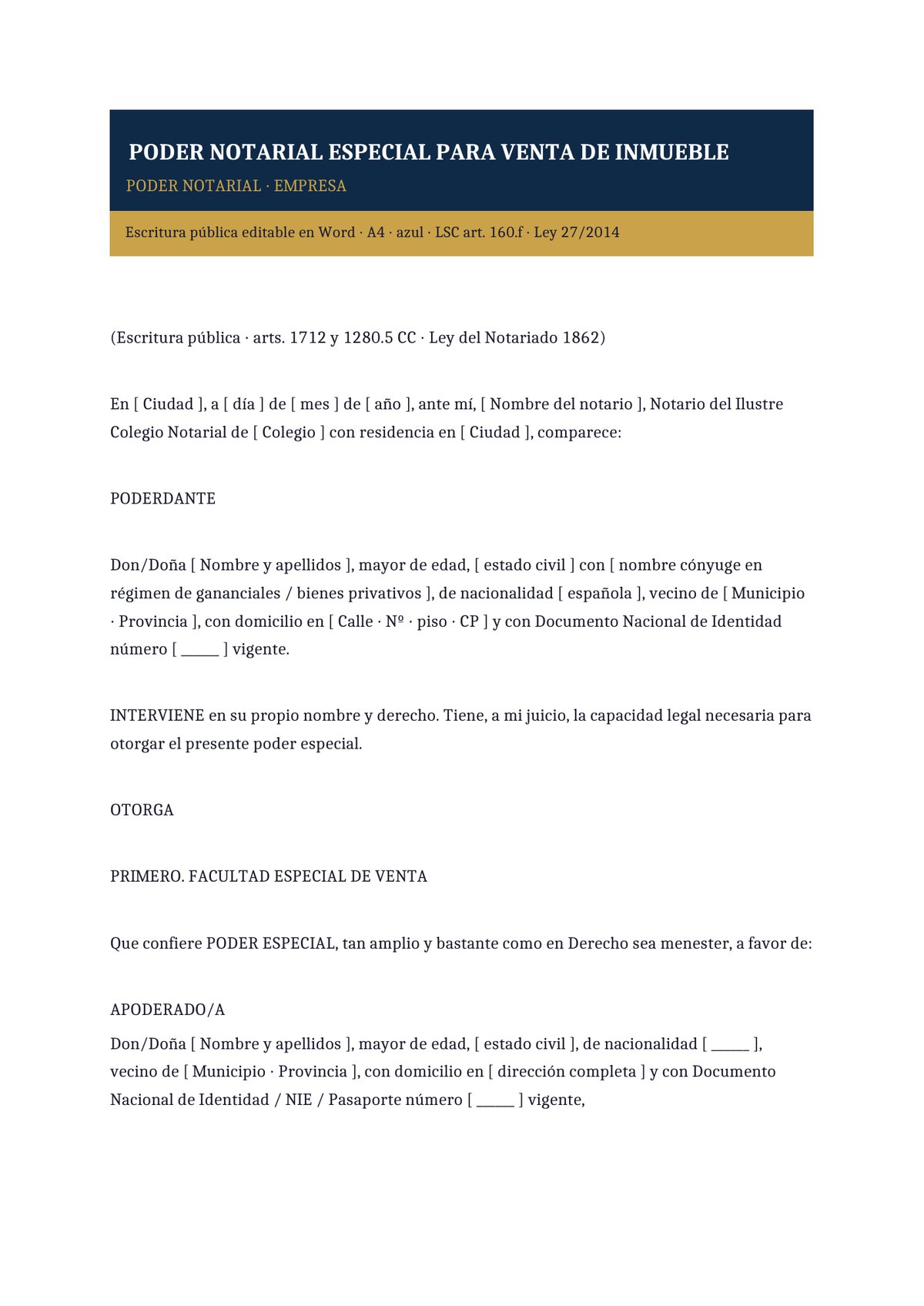 Plantilla Poder notarial venta inmueble empresa