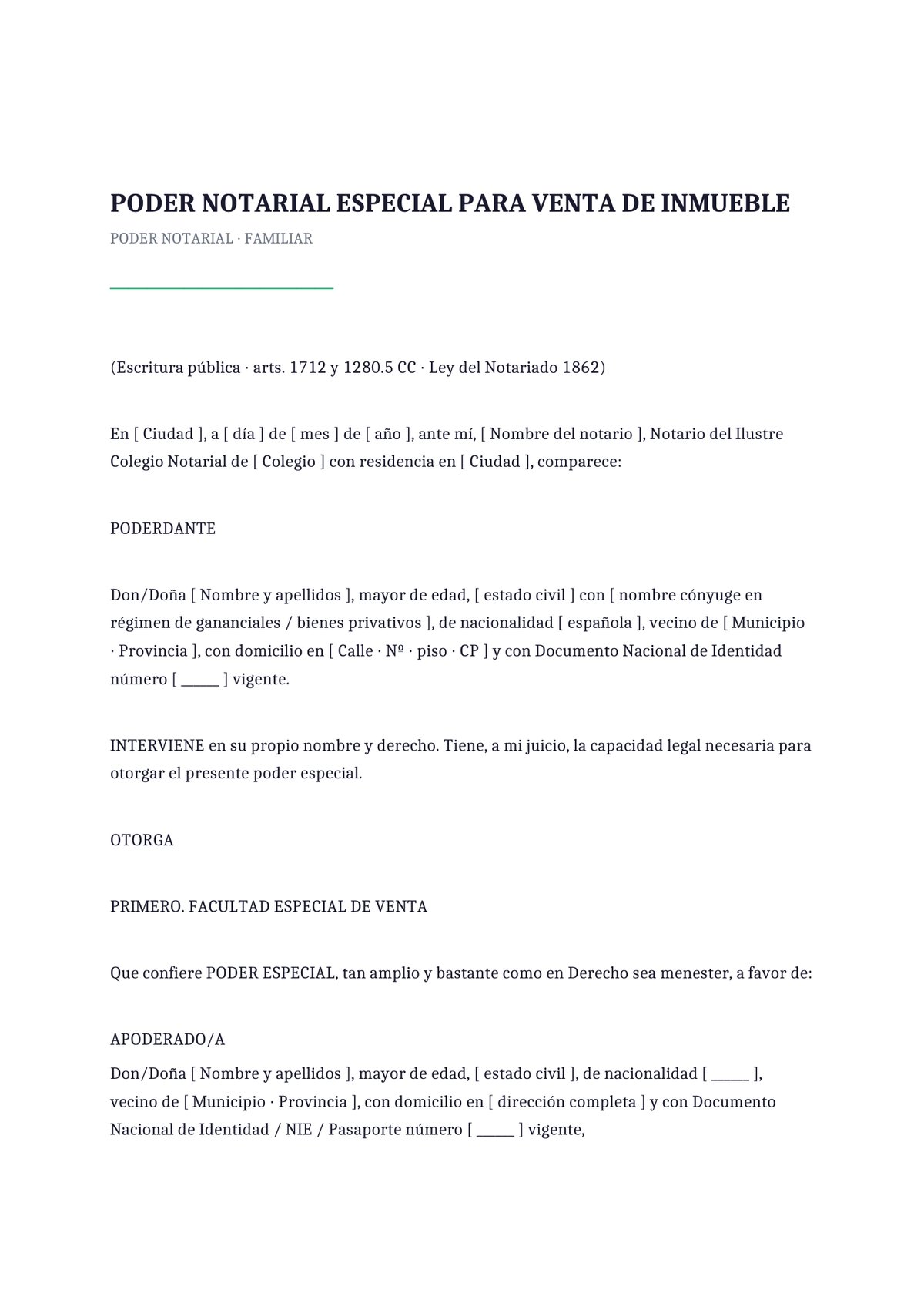Plantilla Poder notarial venta inmueble familiar