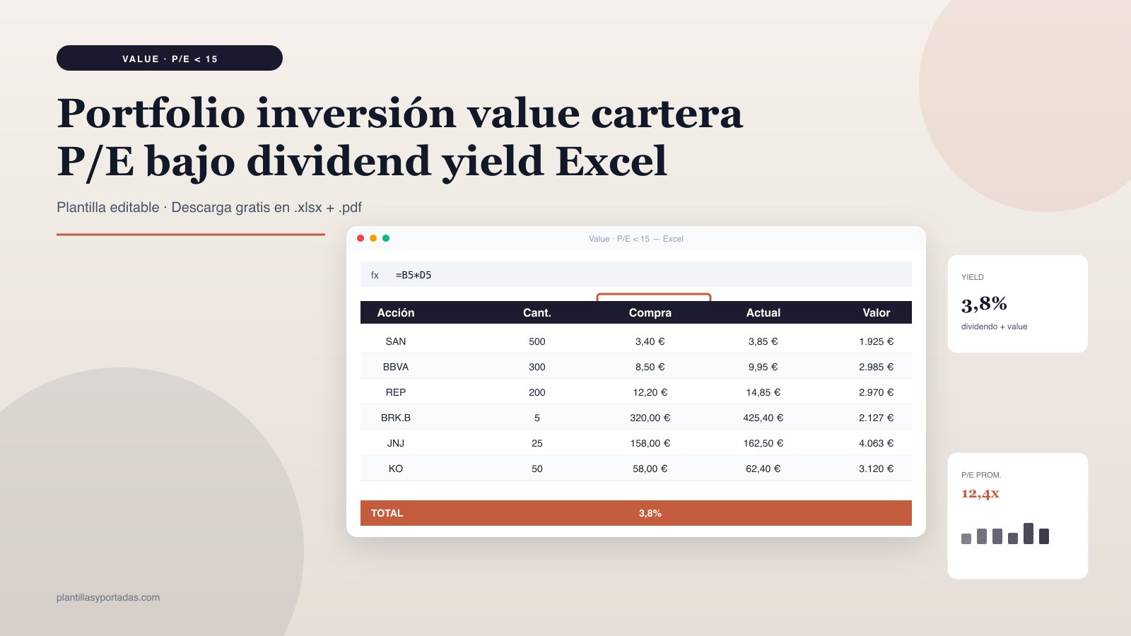 Plantilla Portfolio inversión · value (P/E bajo) en Excel