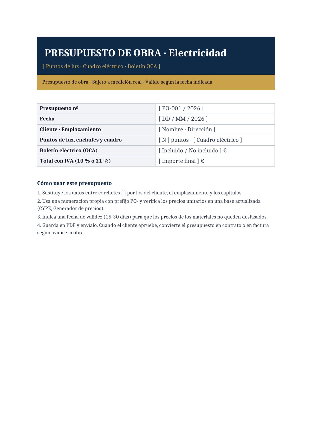 Plantilla Presupuesto de electricidad e iluminación