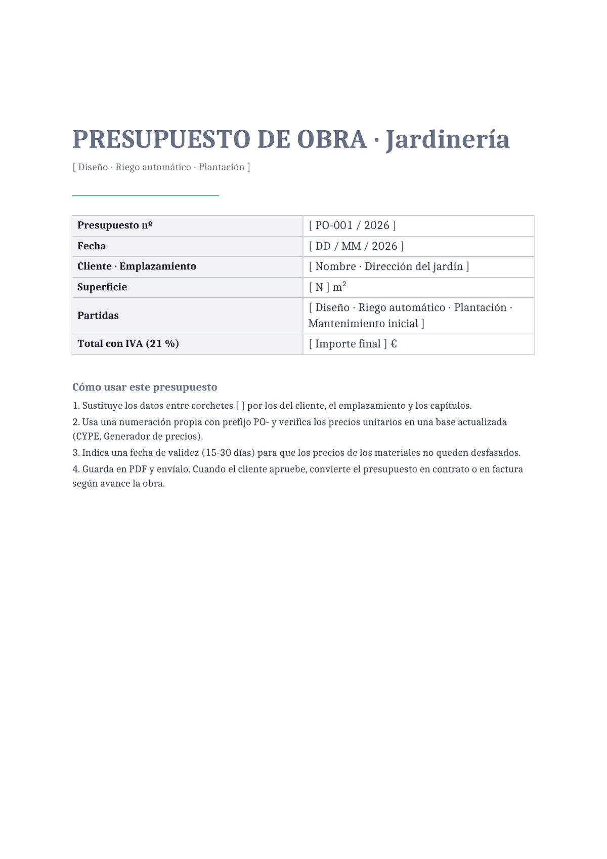 Plantilla Presupuesto de jardinería y paisajismo