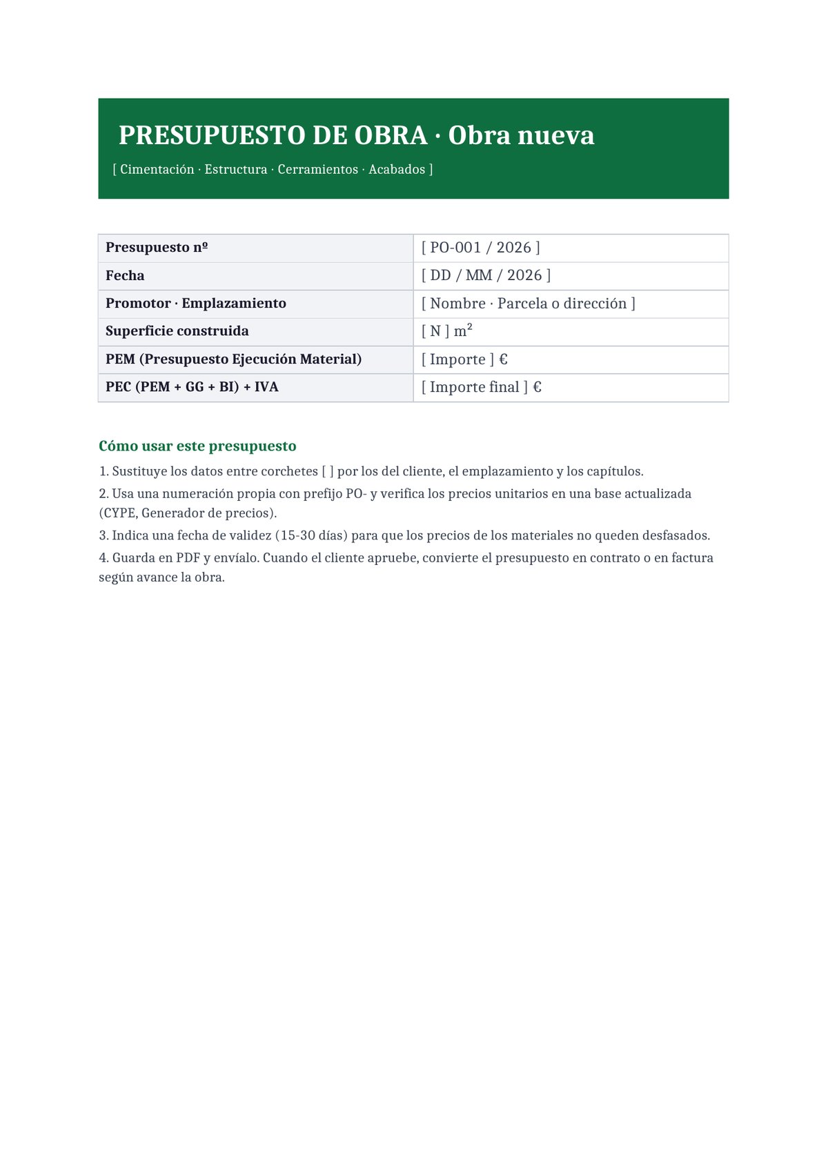 Plantilla Presupuesto de obra nueva