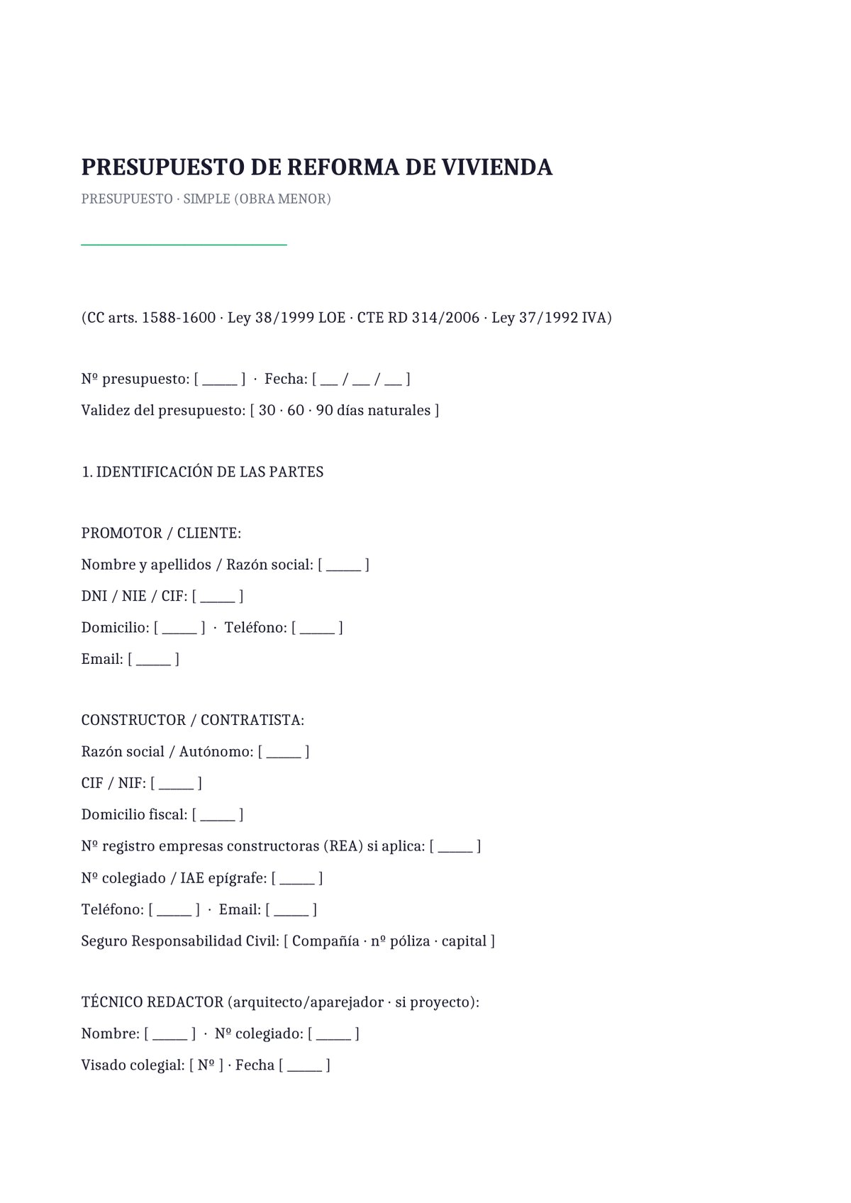Plantilla Presupuesto reforma simple (pequeña obra)