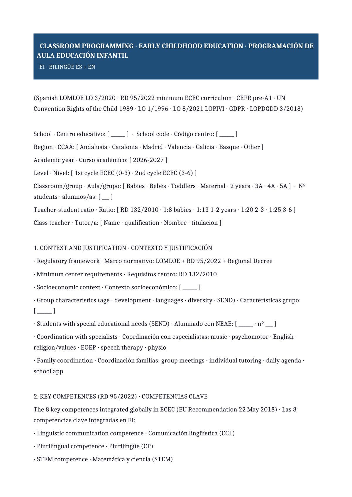 Plantilla Programación aula infantil bilingüe (ES + EN)