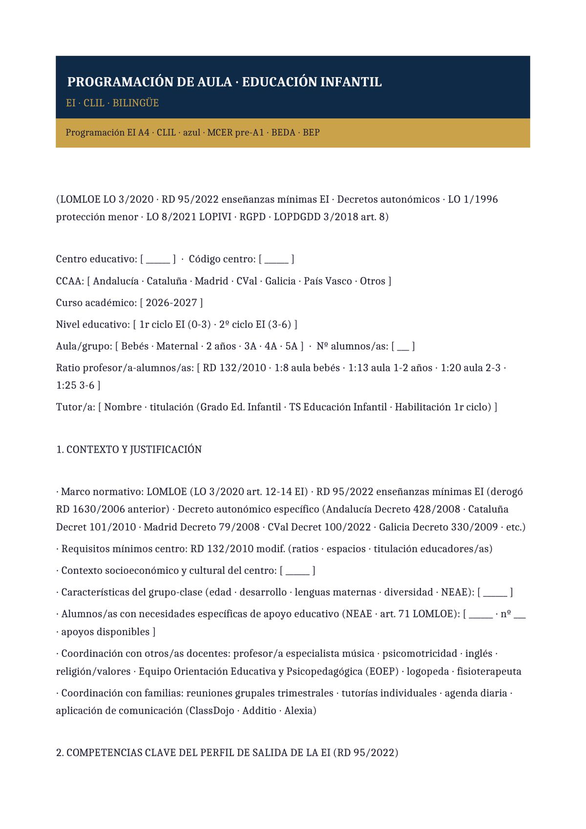 Plantilla Programación aula infantil bilingüe (CLIL)