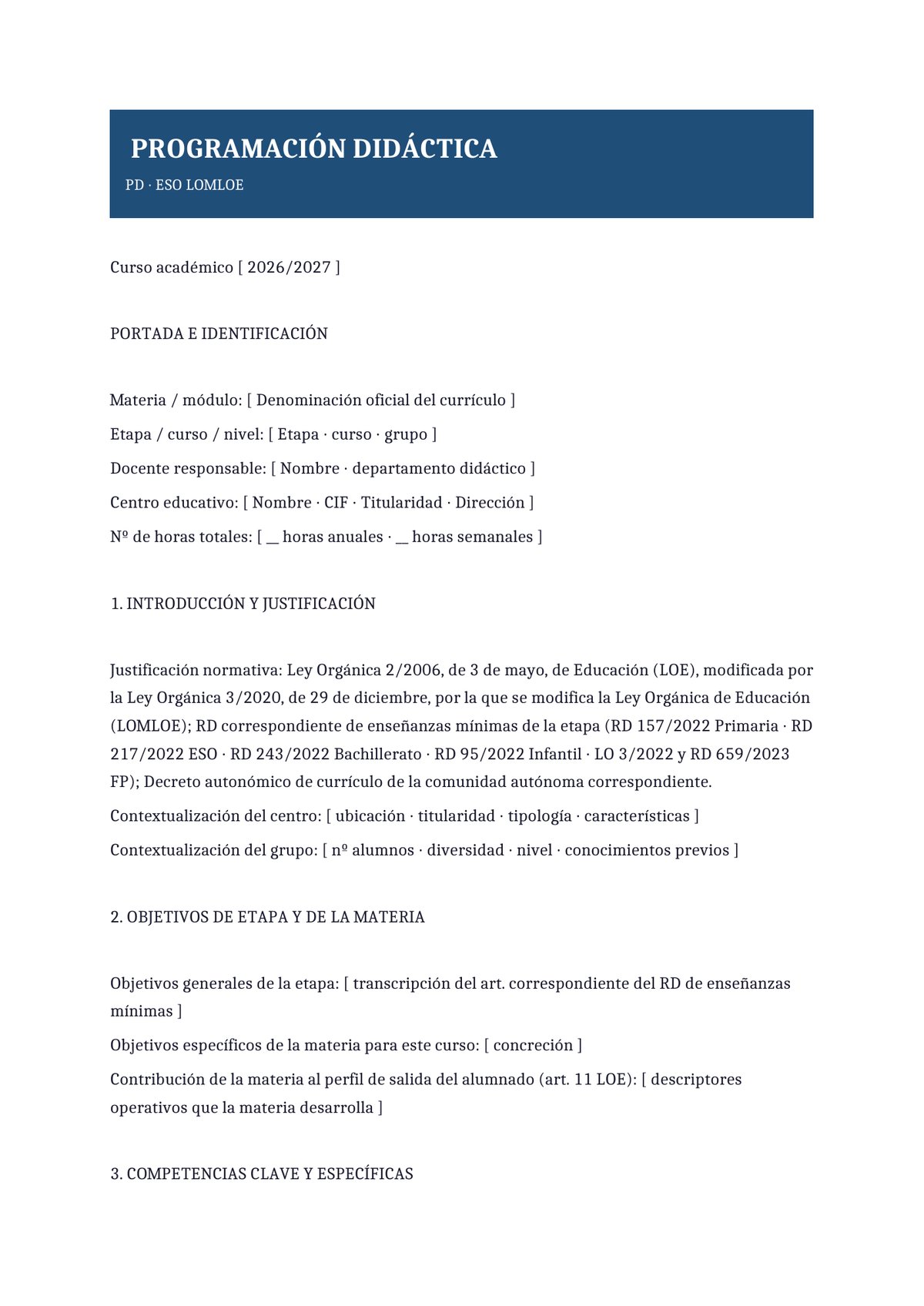 Plantilla Programación didáctica de ESO (LOMLOE)