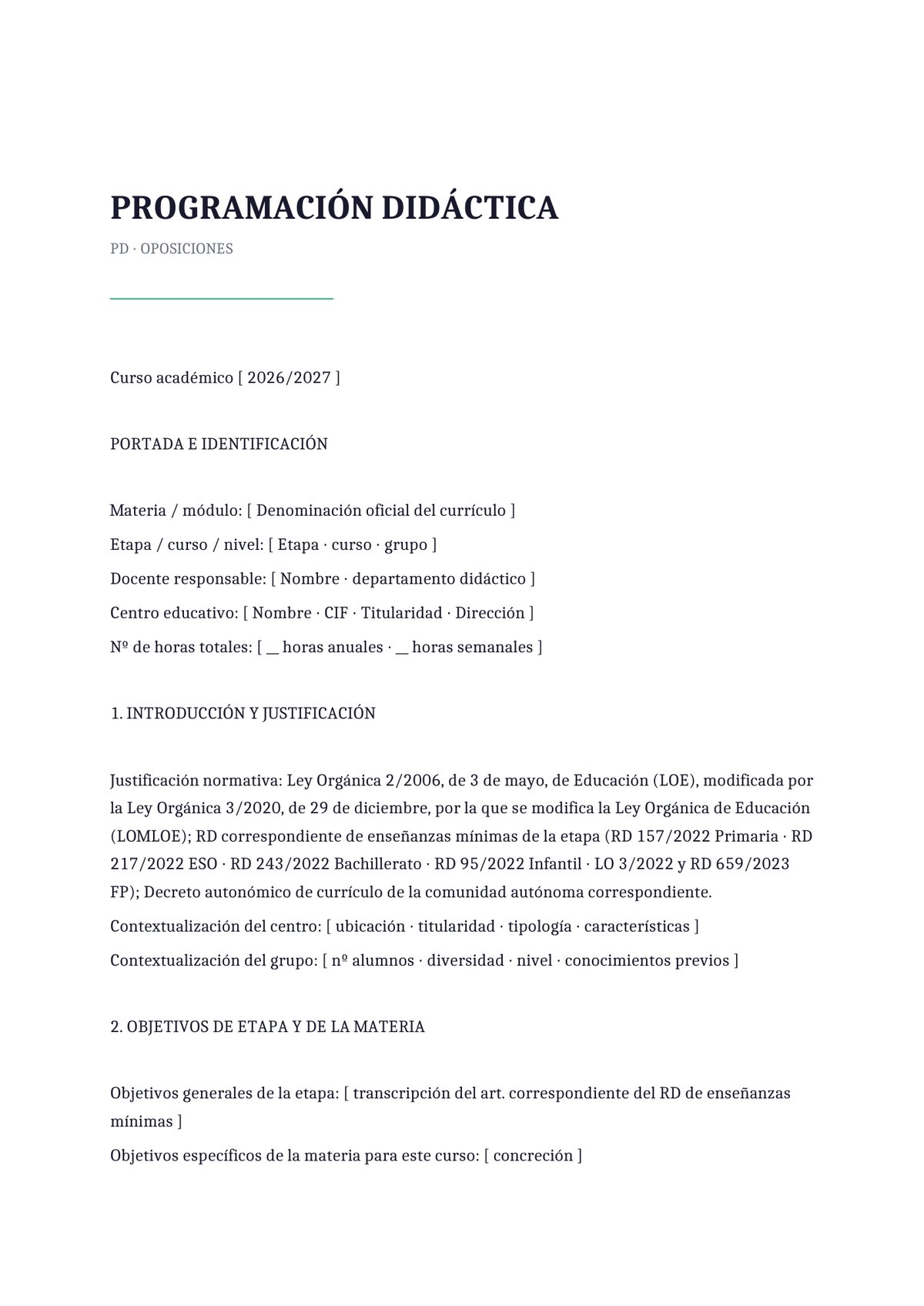Plantilla Programación didáctica para oposiciones docentes