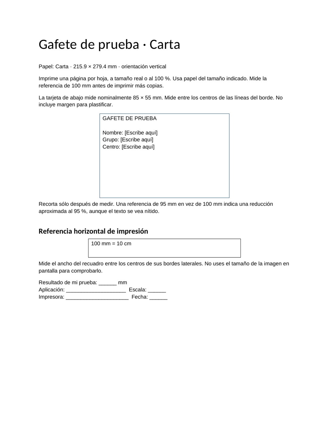 Gafete de prueba · Carta: vista previa de la plantilla