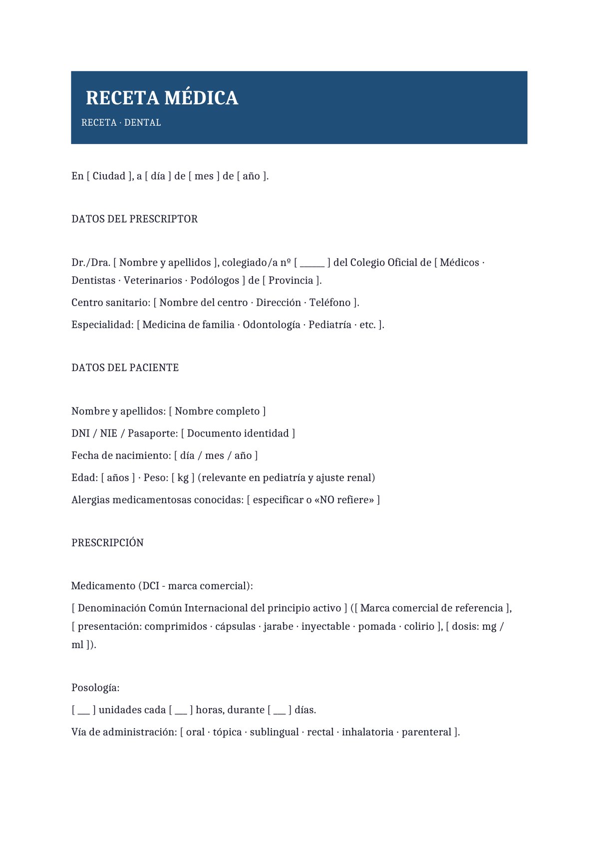 Plantilla Receta odontológica