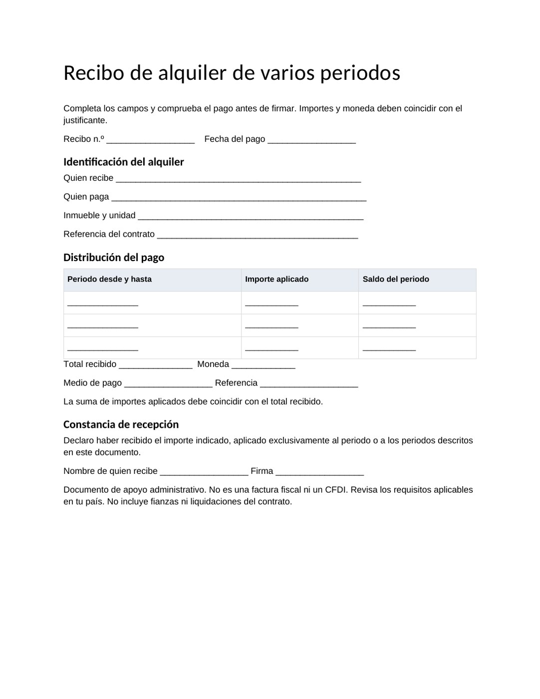 Recibo de alquiler de varios periodos: vista previa de la plantilla