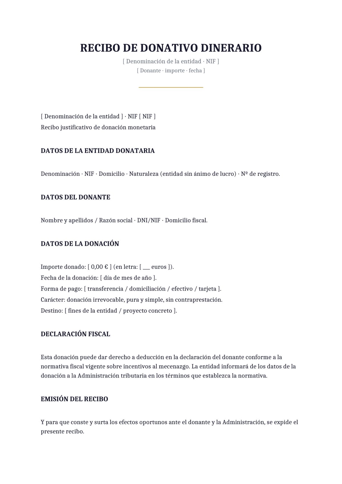 Plantilla Recibo de donativo dinerario