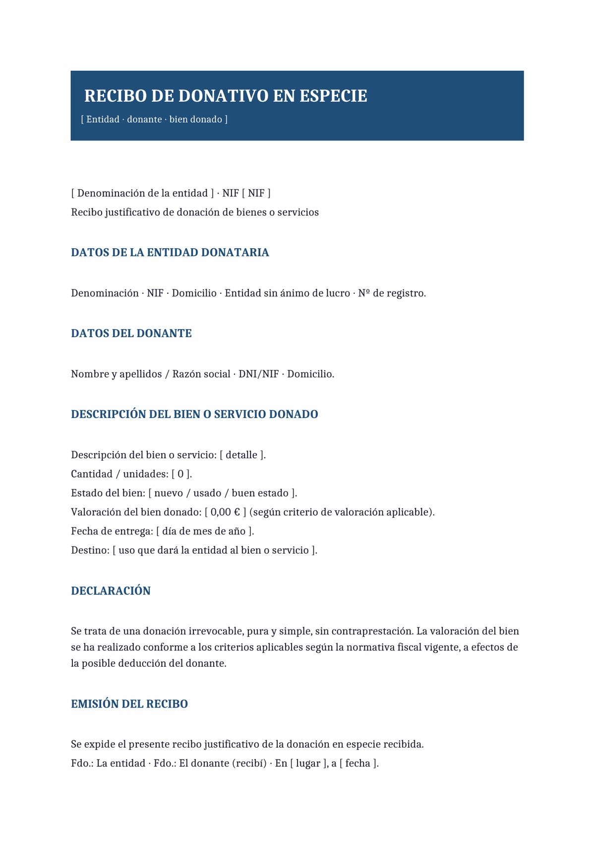 Plantilla Recibo de donativo en especie