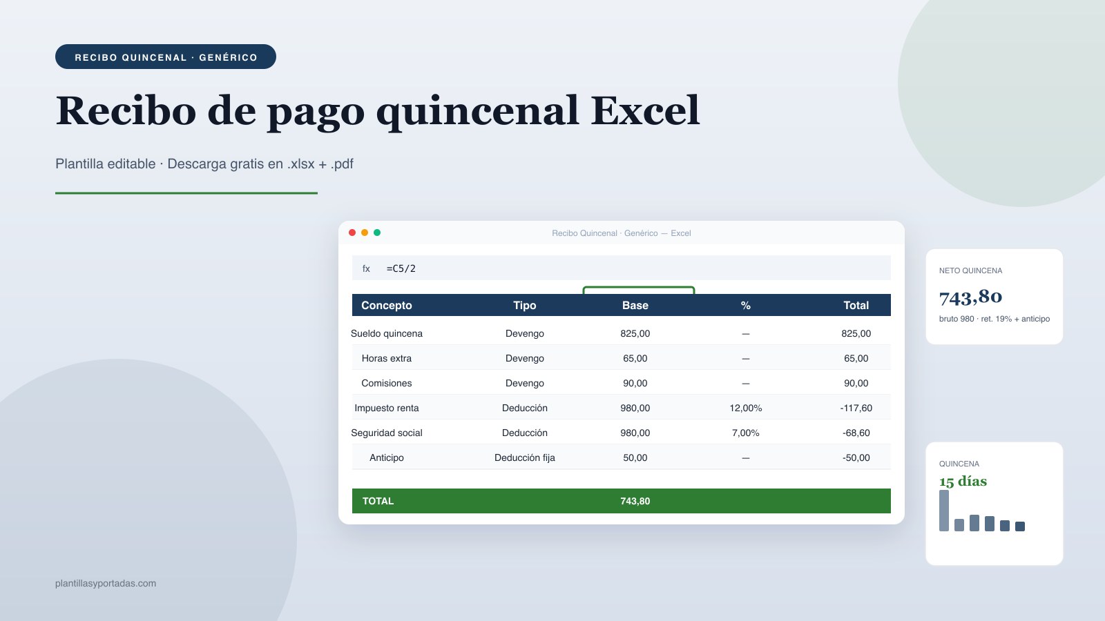 Plantilla Recibo de pago quincenal — genérico LATAM en Excel