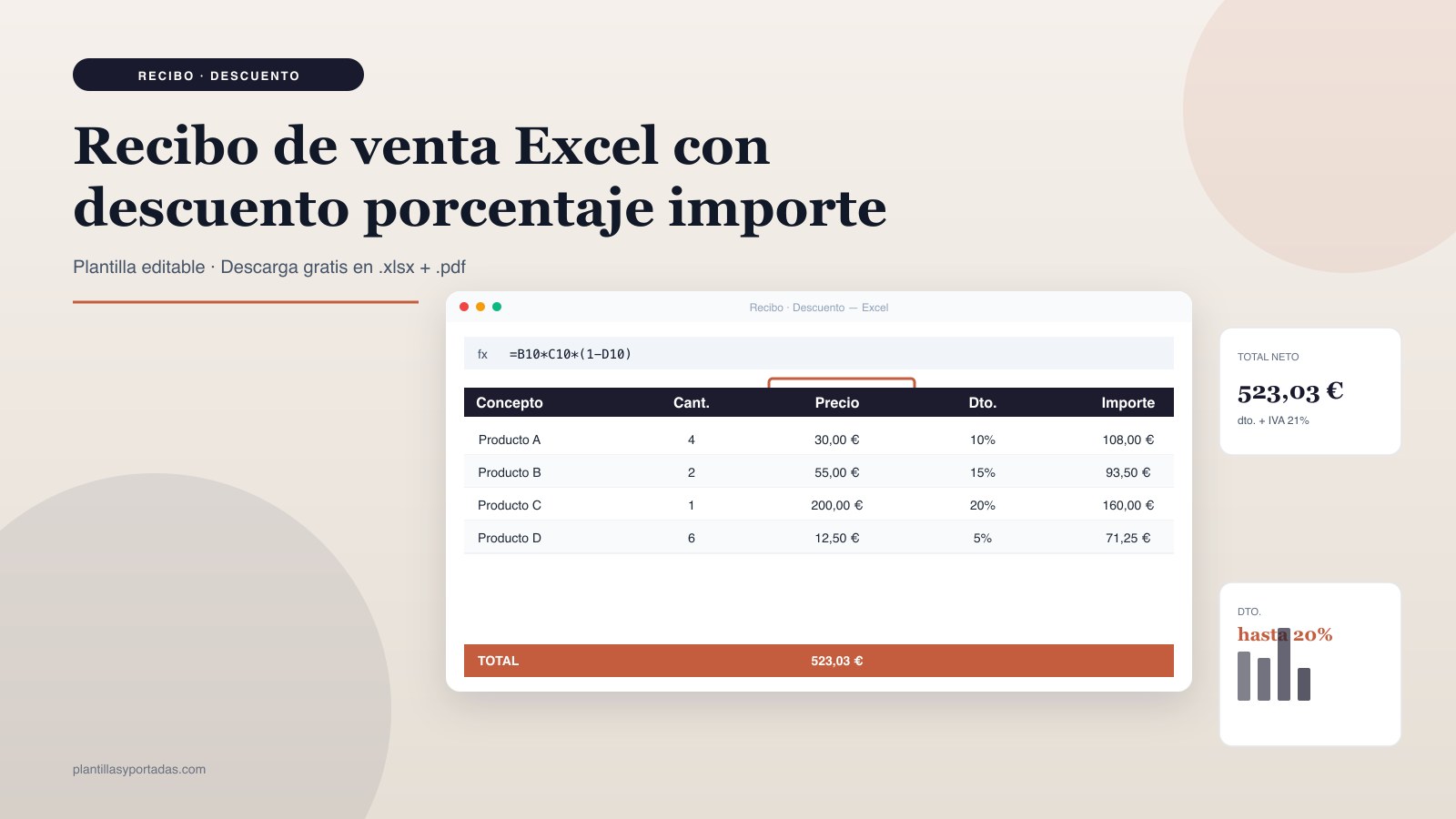Plantilla Recibo de venta · con descuento en Excel