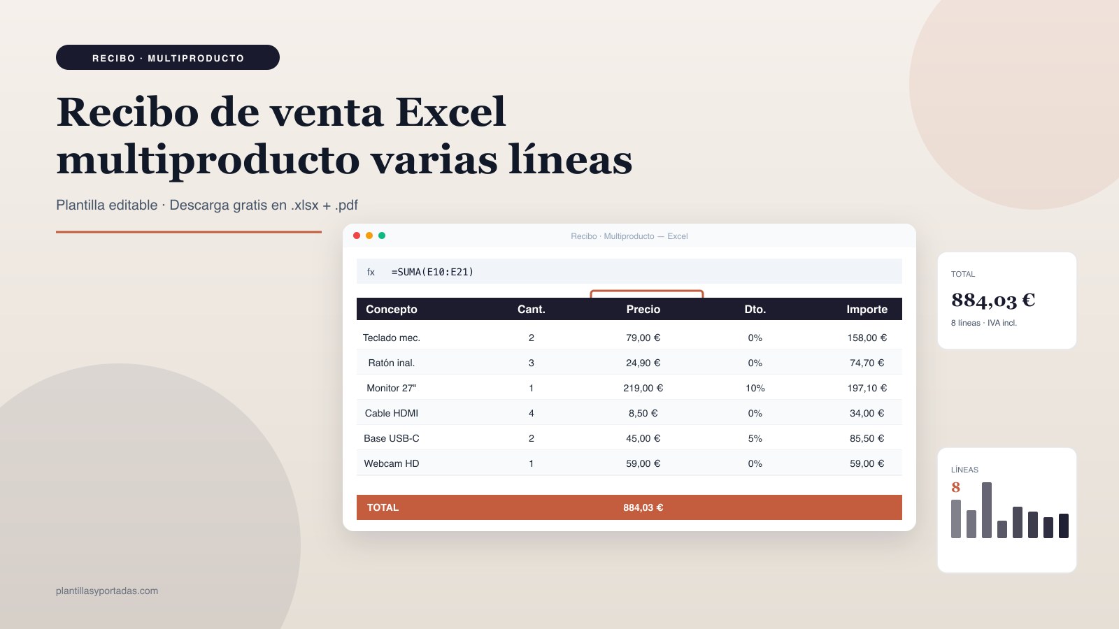 Plantilla Recibo de venta · multiproducto en Excel