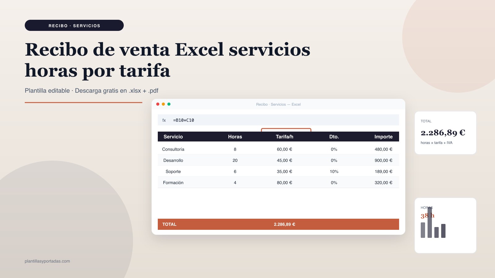 Plantilla Recibo de venta · servicios (horas × tarifa) en Excel
