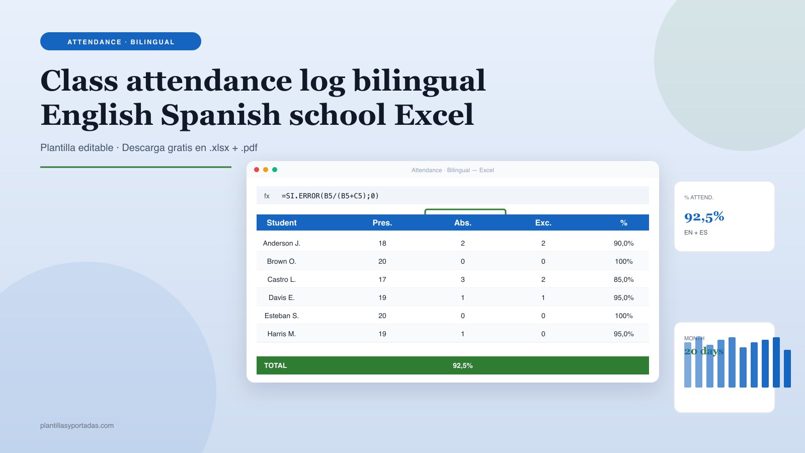 Plantilla Registro de asistencia · bilingüe ES + EN class attendance en Excel