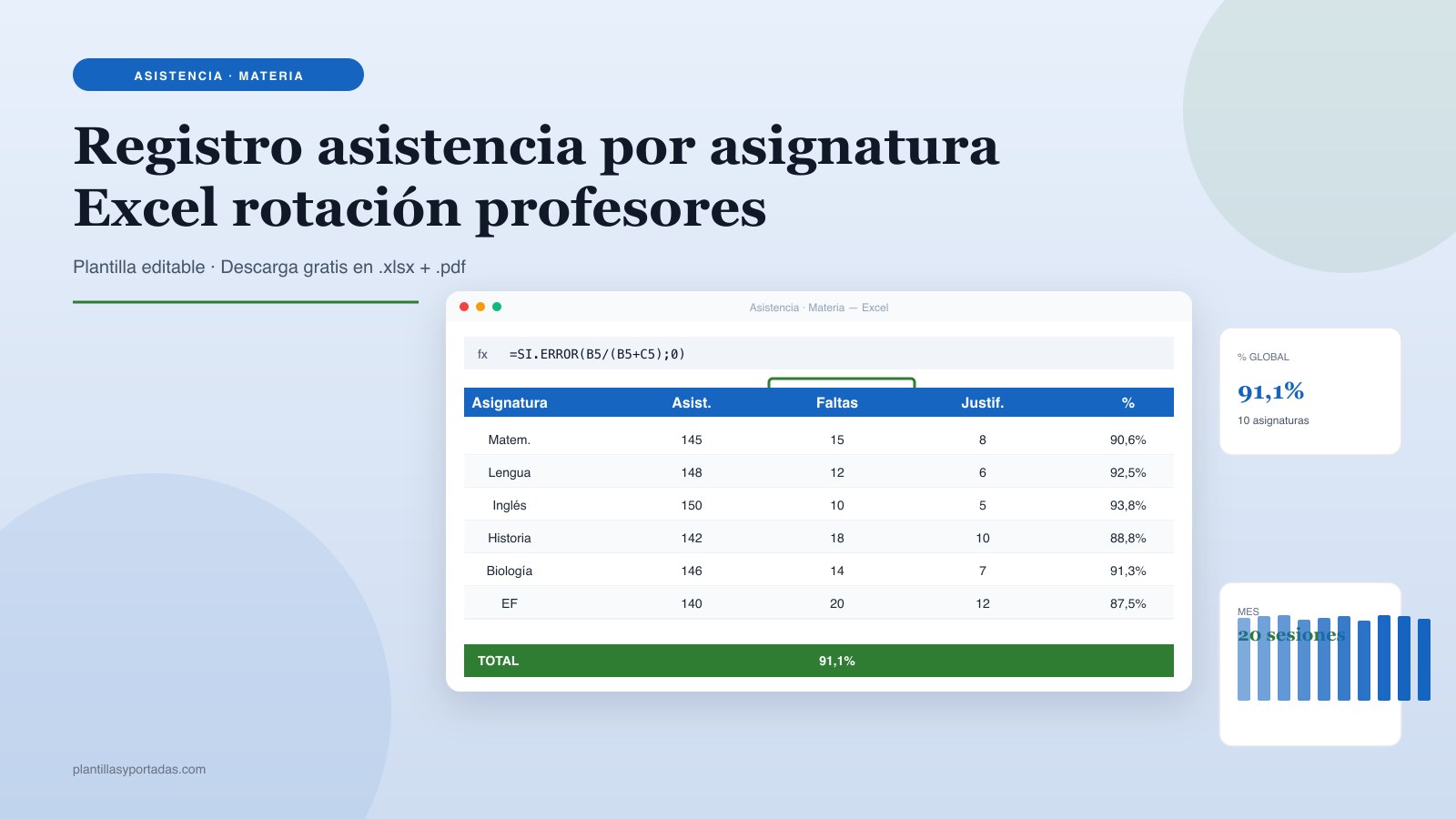Plantilla Registro de asistencia · por asignatura en Excel