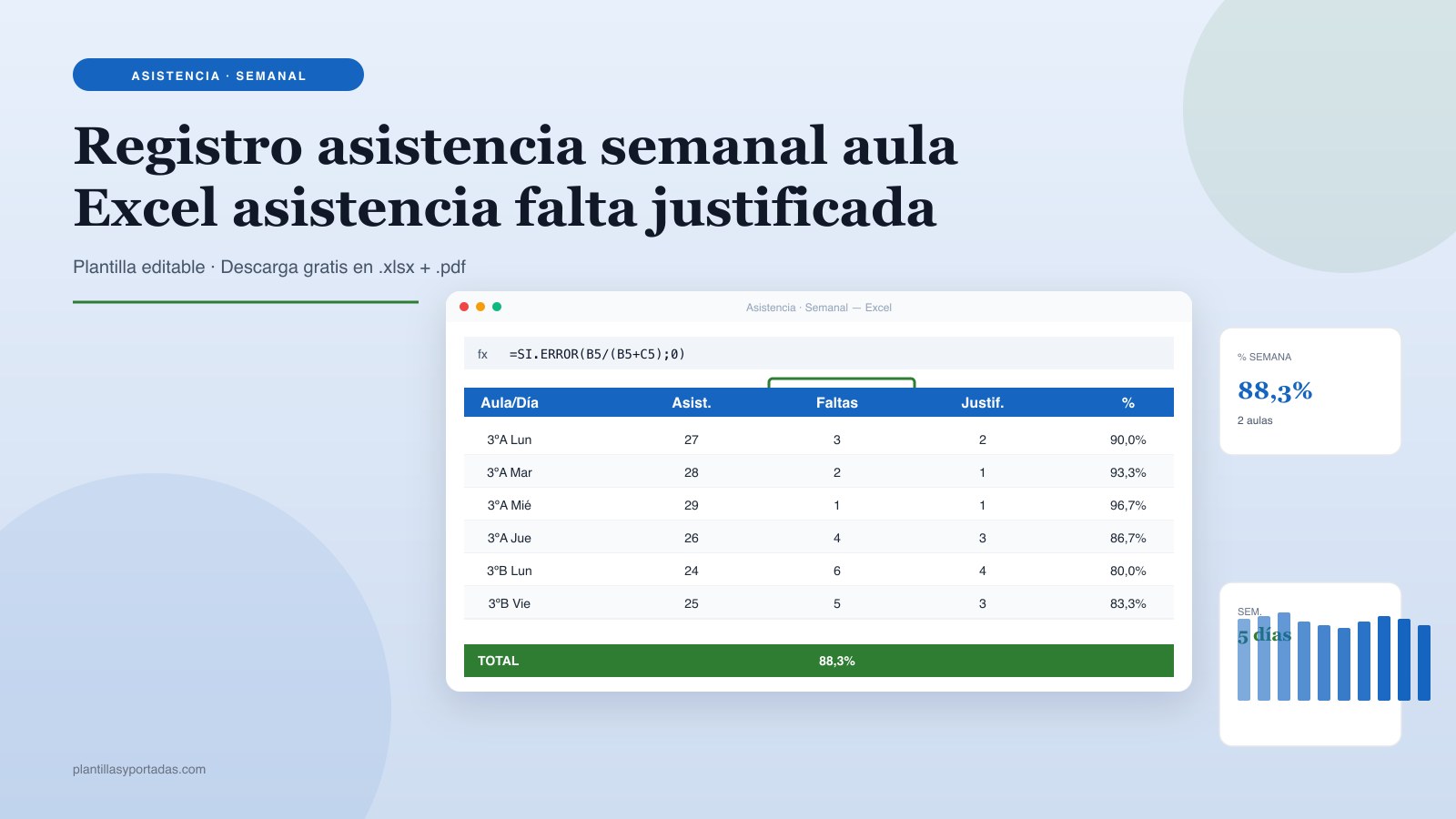 Plantilla Registro de asistencia · semanal por aula en Excel