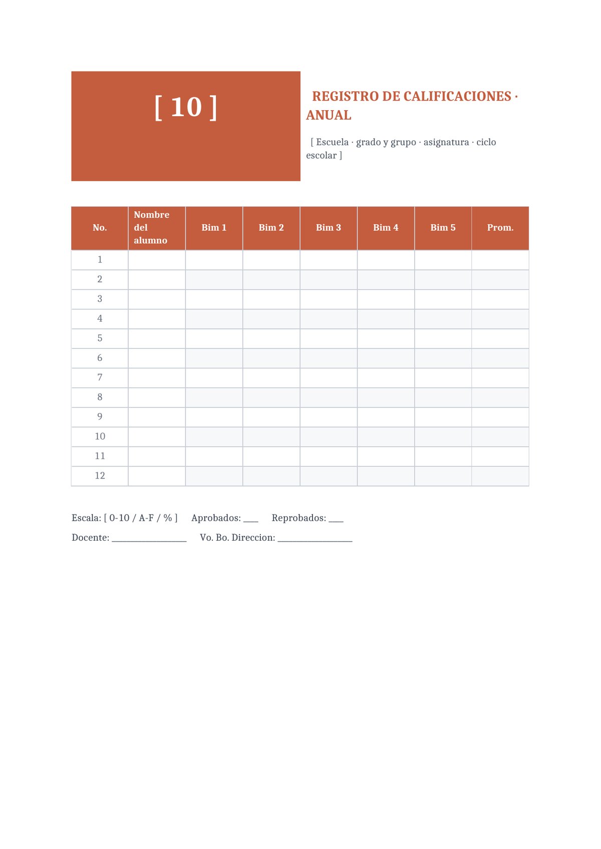 Plantilla Registro de calificaciones anual