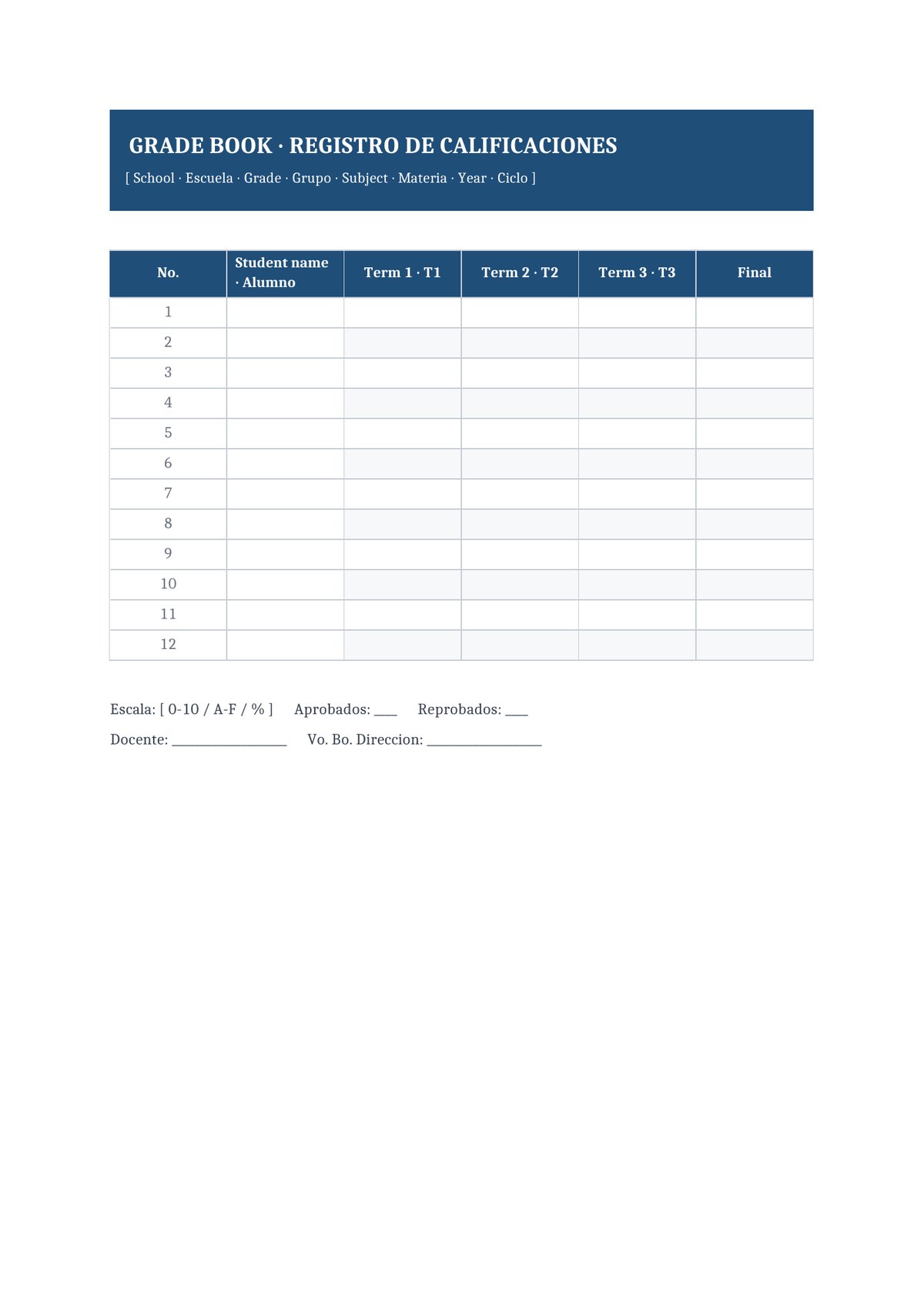 Plantilla Registro de calificaciones bilingüe (ES + EN)