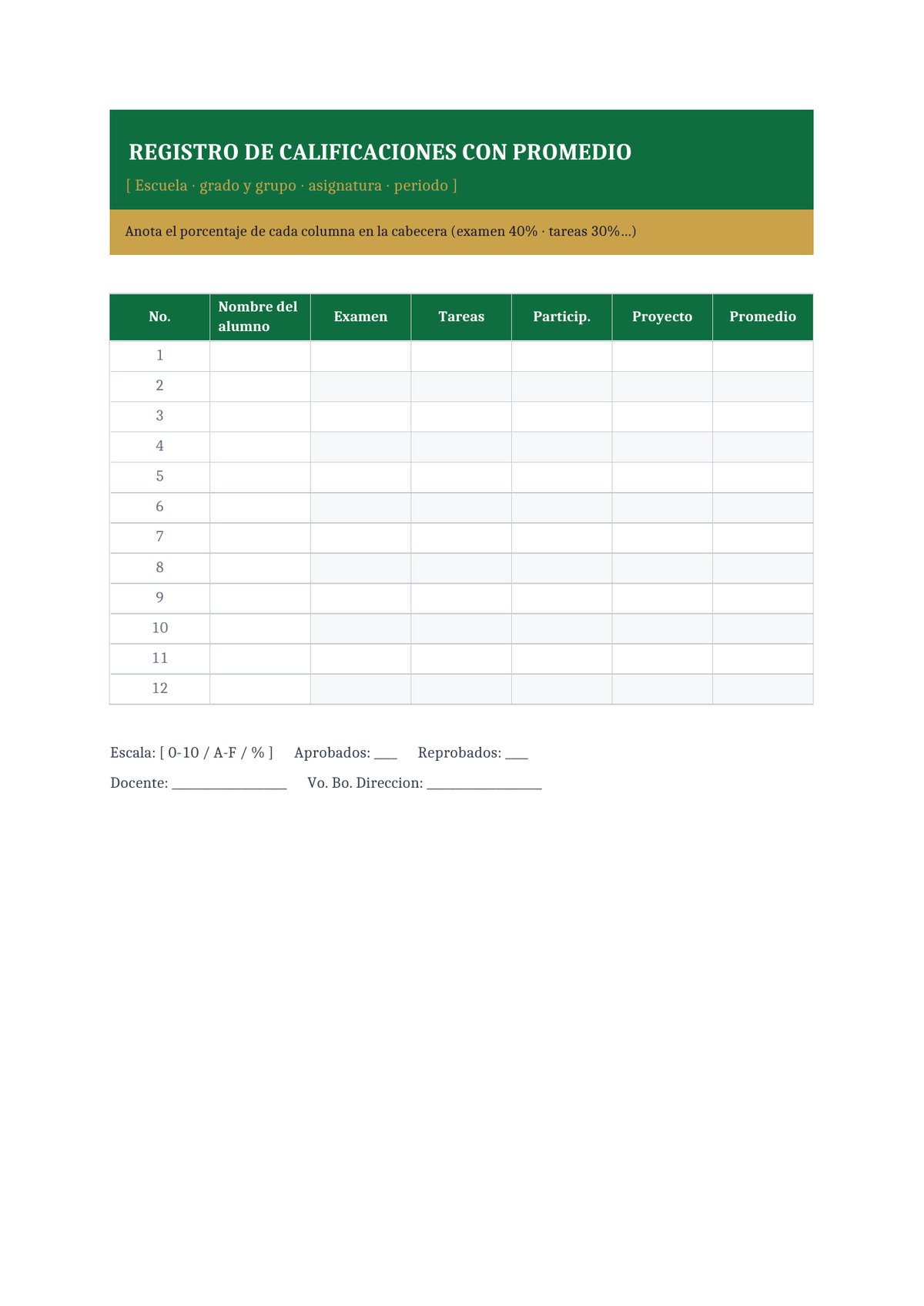 Plantilla Registro de calificaciones con promedio