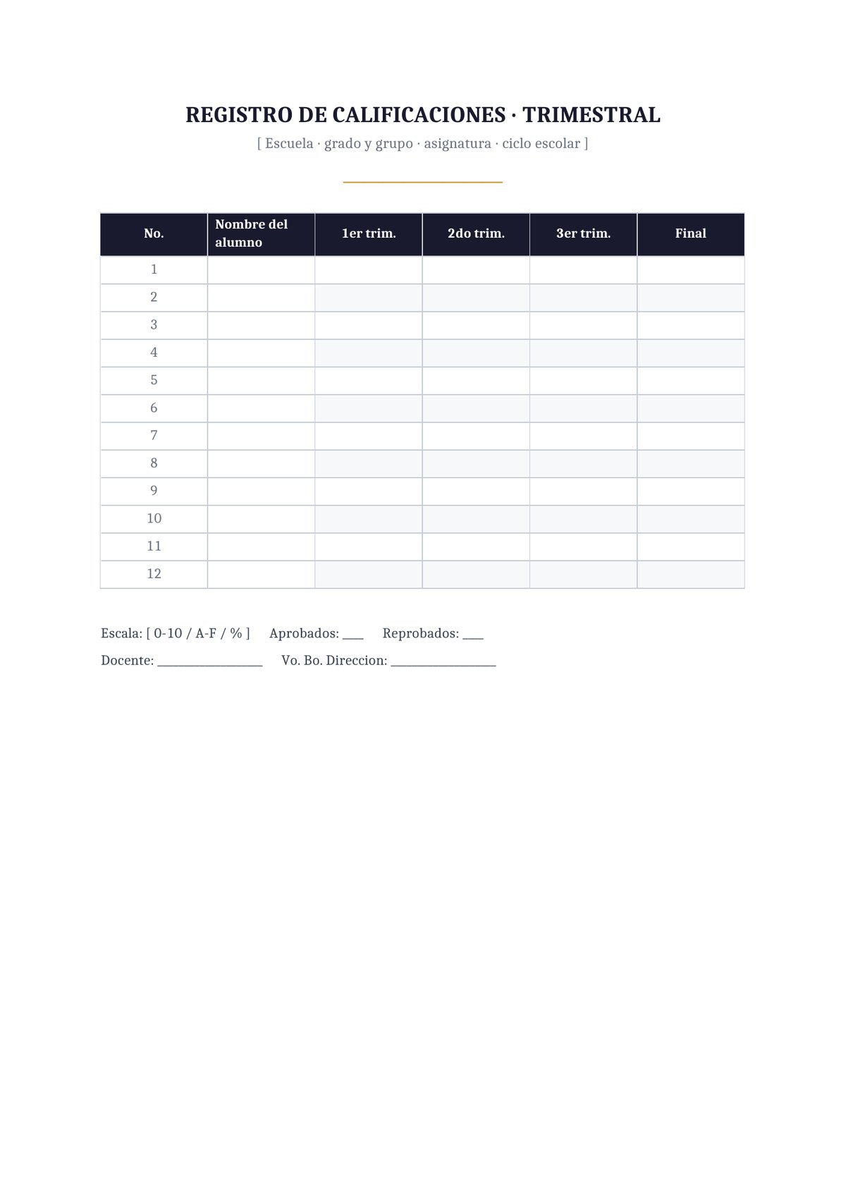 Plantilla Registro de calificaciones trimestral