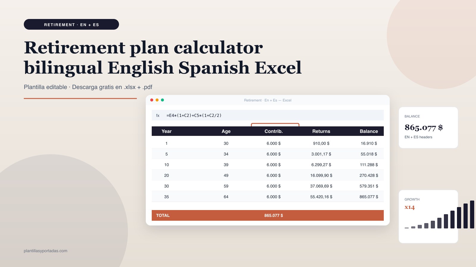 Plantilla Retirement Plan Calculator — bilingual EN + ES en Excel