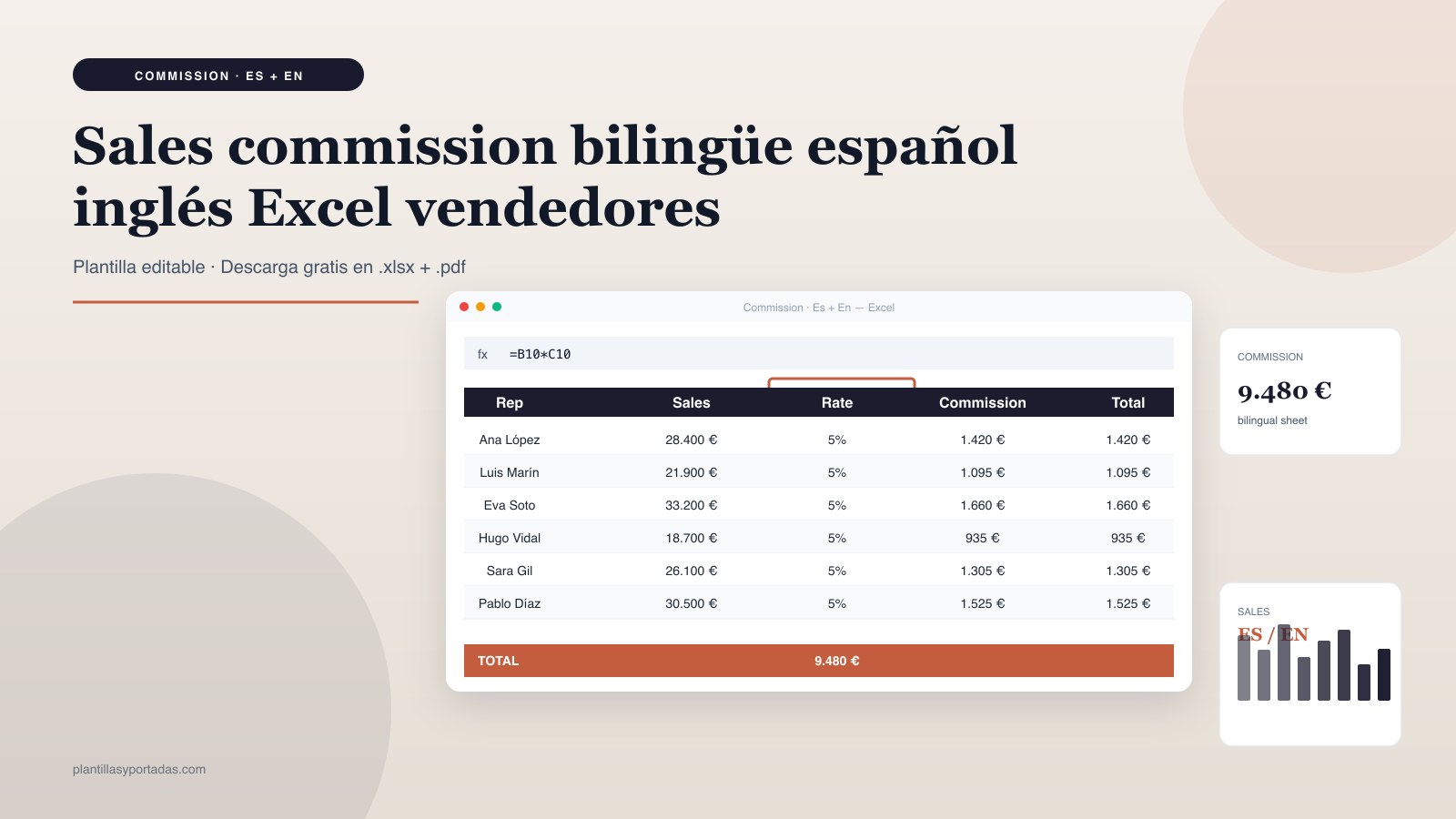 Plantilla Sales commission bilingüe ES + EN en Excel