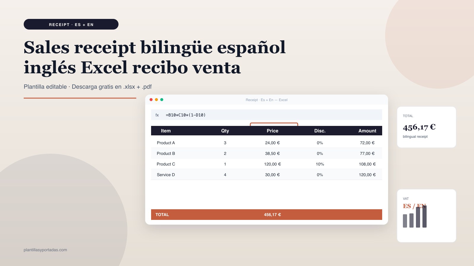 Plantilla Sales receipt bilingüe ES + EN en Excel