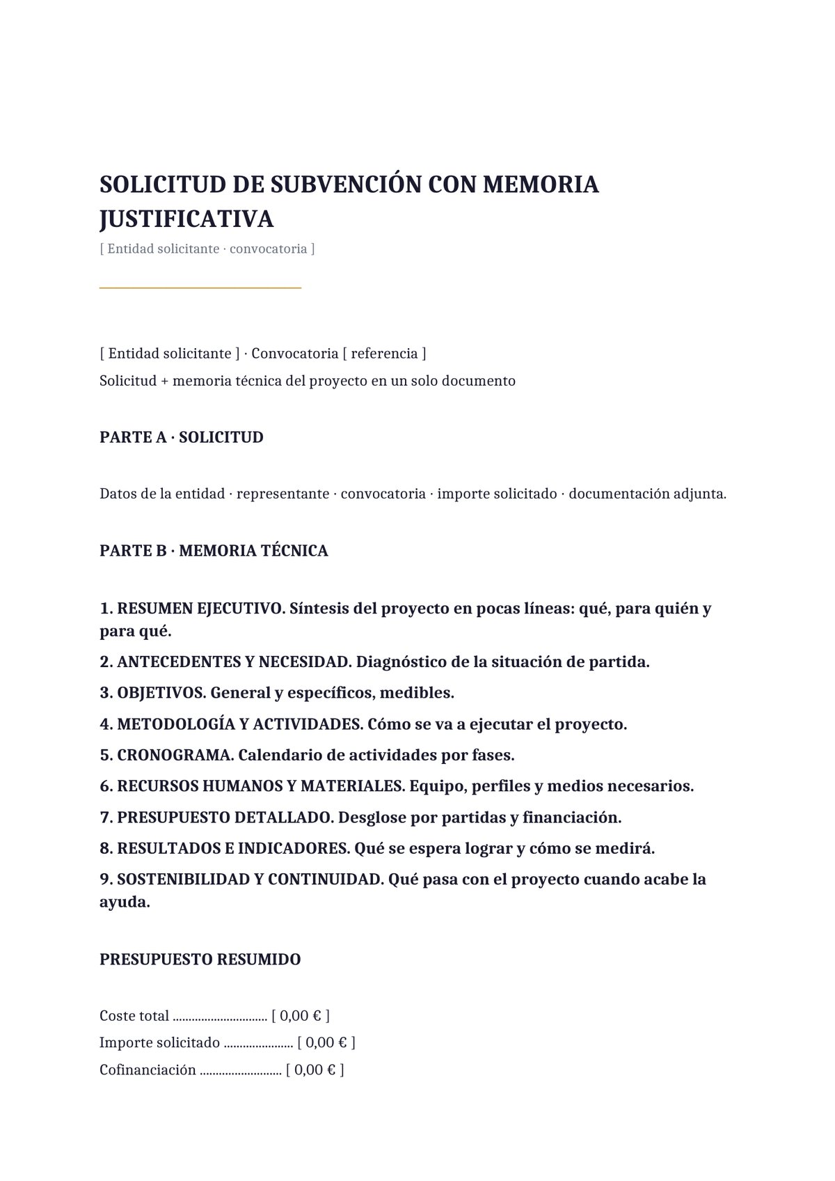 Plantilla Solicitud de subvención con memoria justificativa