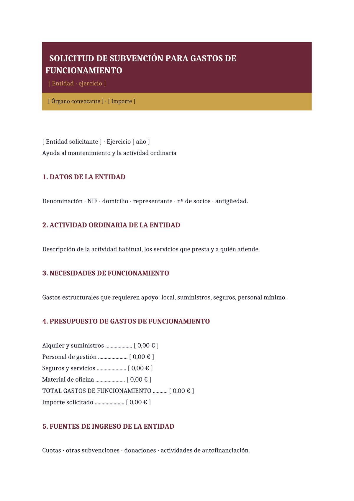 Plantilla Solicitud de subvención para funcionamiento
