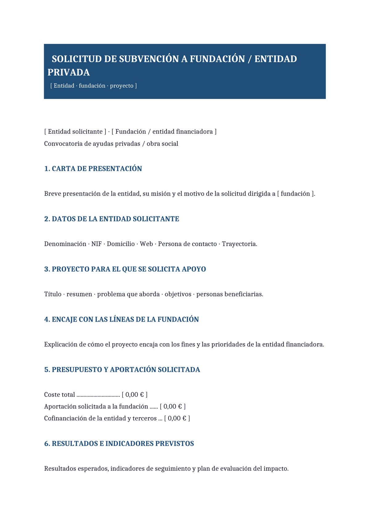 Plantilla Solicitud de subvención a fundación privada