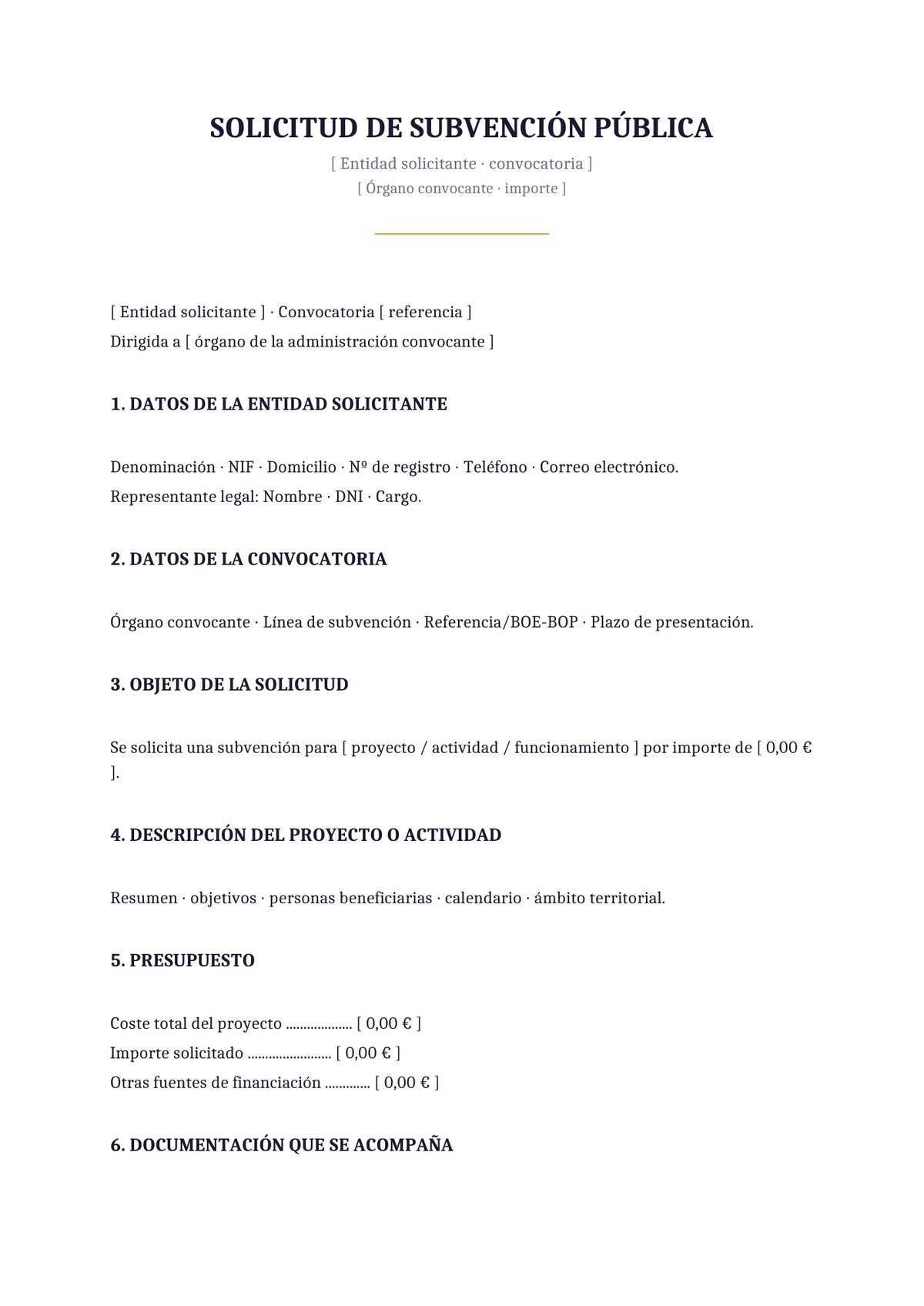 Plantilla Solicitud de subvención pública
