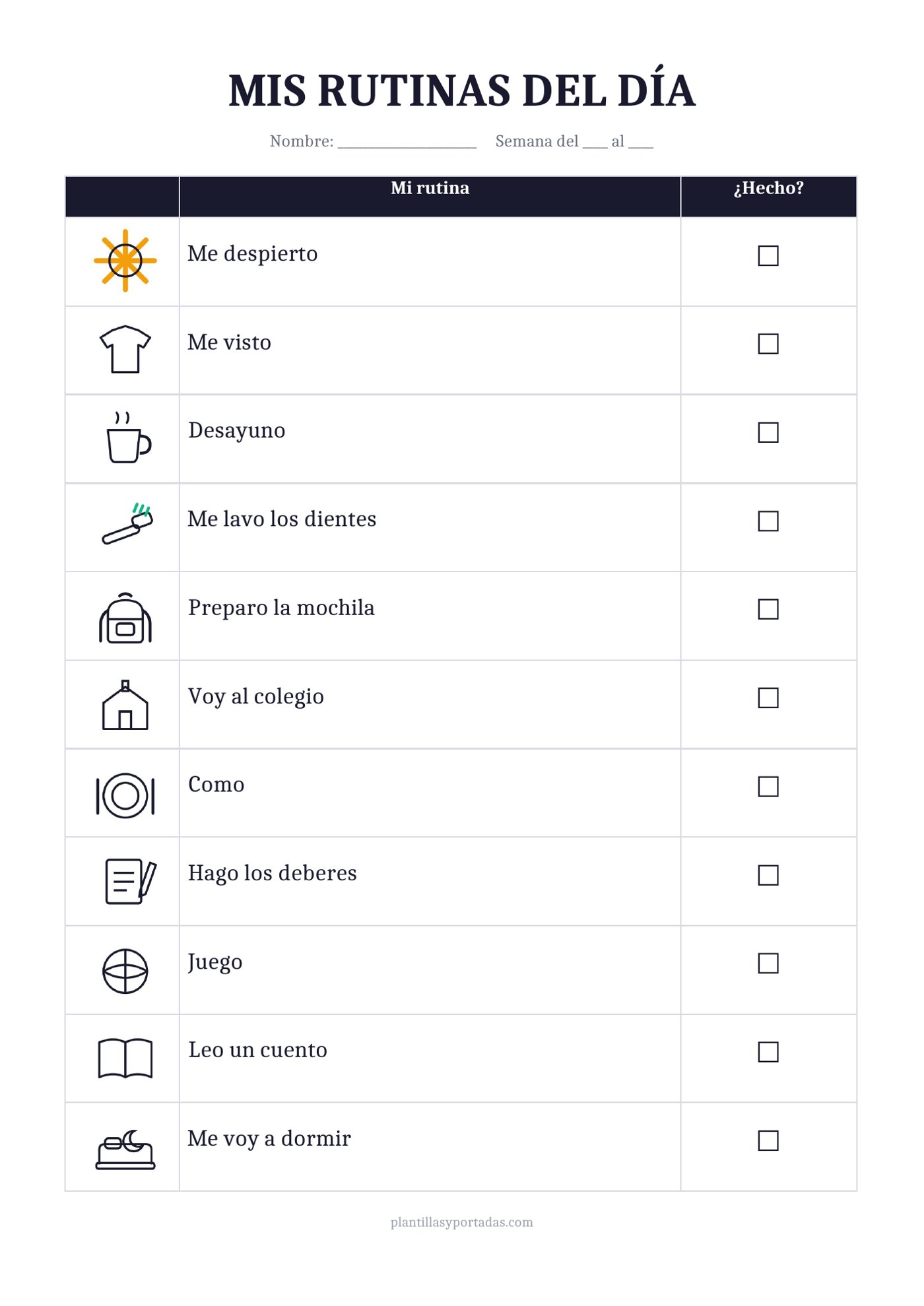 Plantilla Tabla de rutinas en blanco y negro (bajo consumo de tinta)