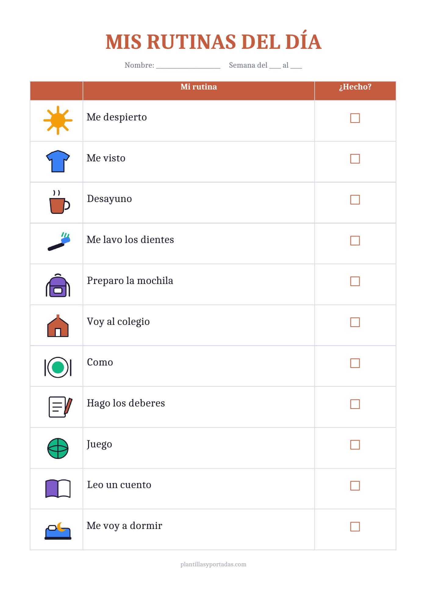 Plantilla Tabla de rutinas del día completo
