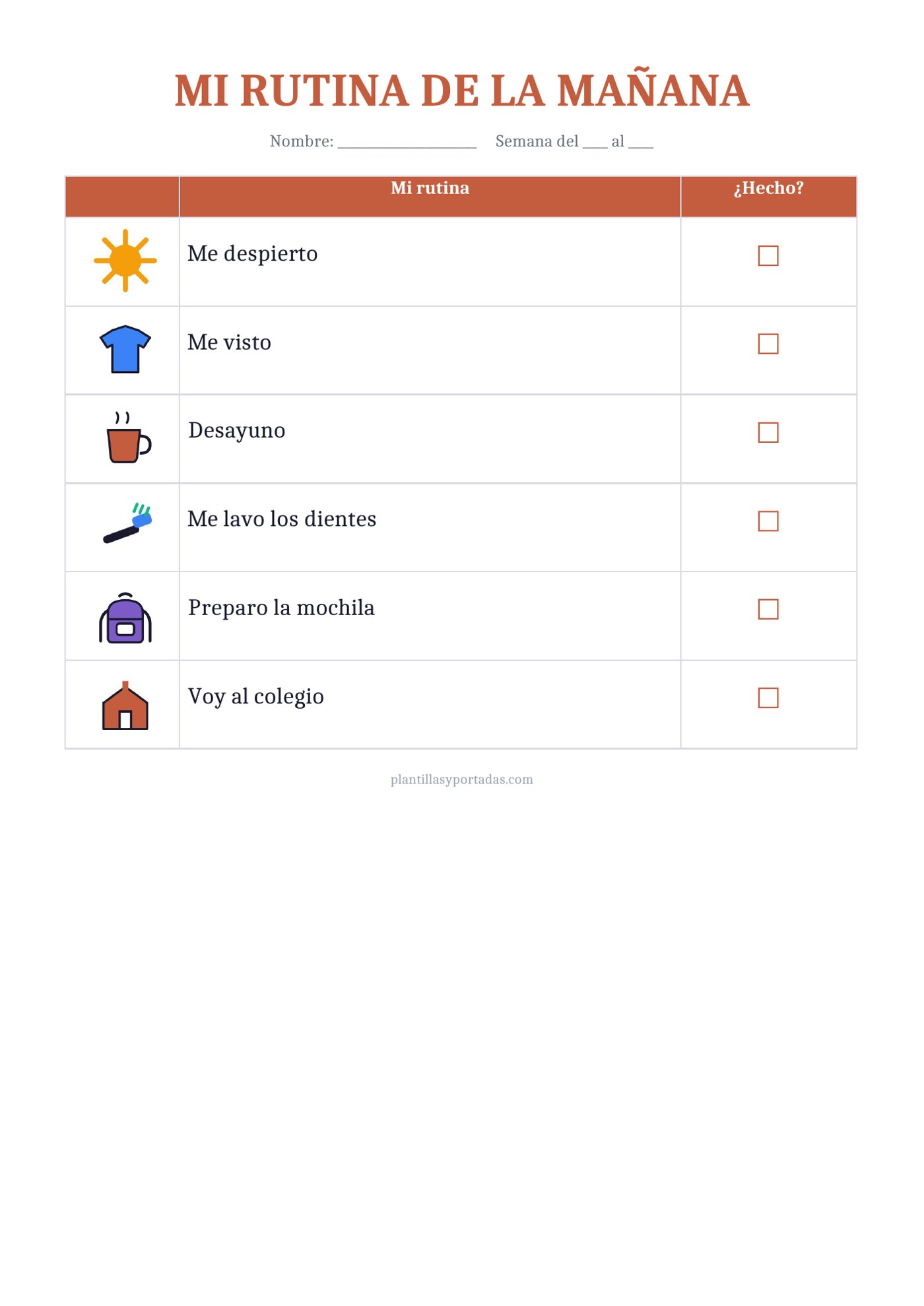 Plantilla Tabla de rutinas de la mañana