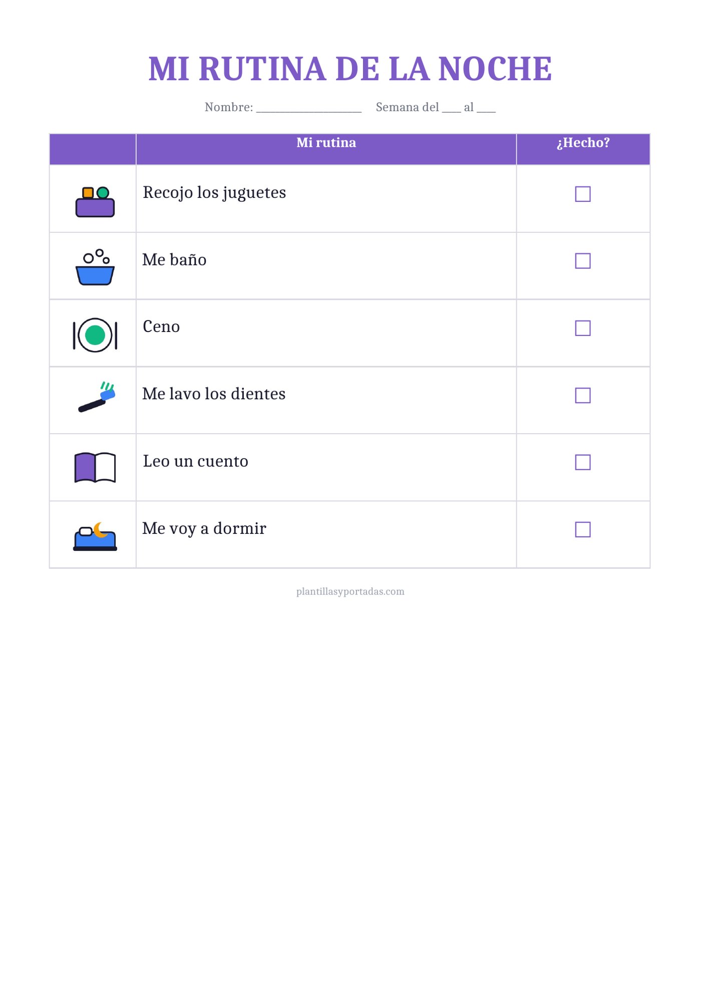 Plantilla Tabla de rutinas de la noche