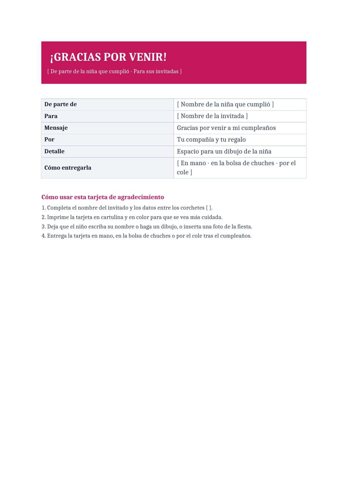 Plantilla Tarjeta de agradecimiento para niña