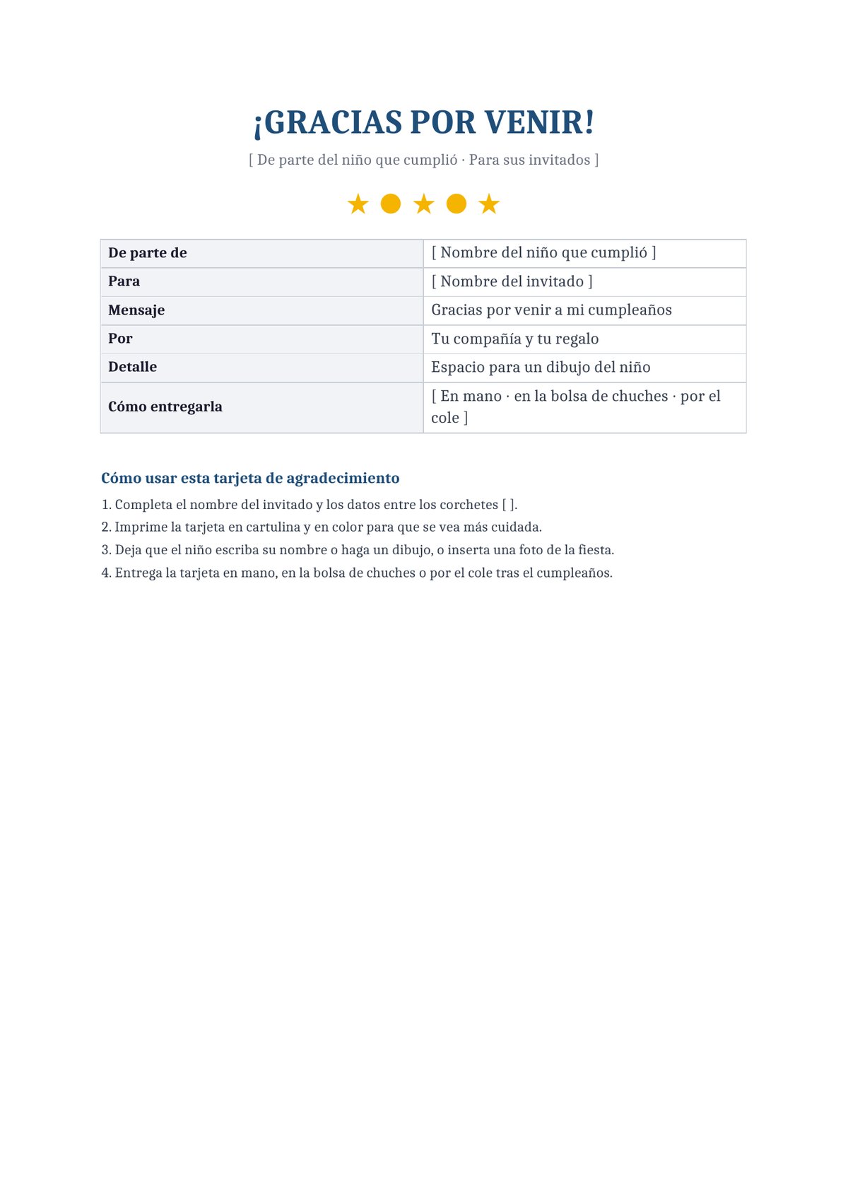 Plantilla Tarjeta de agradecimiento para niño