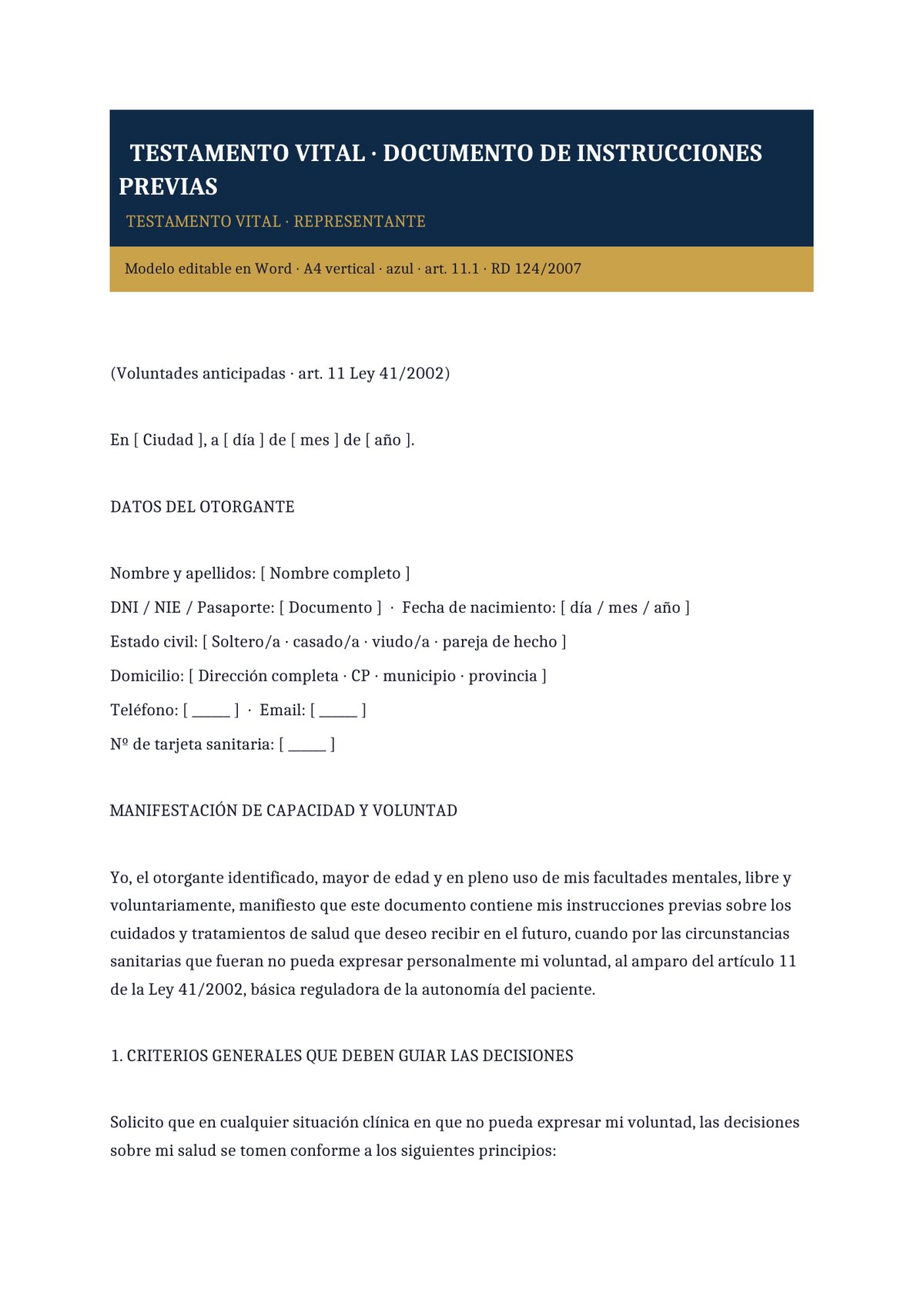 Plantilla Testamento vital con representante sanitario