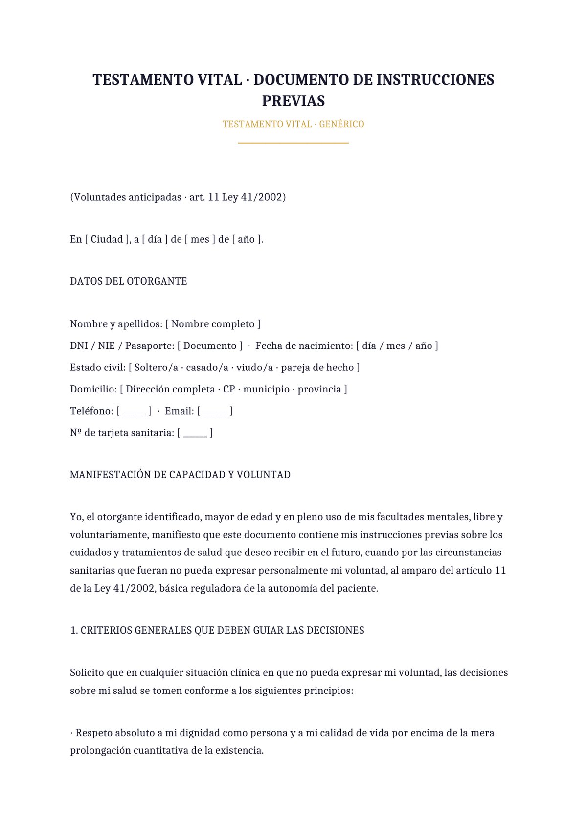 Plantilla Testamento vital genérico