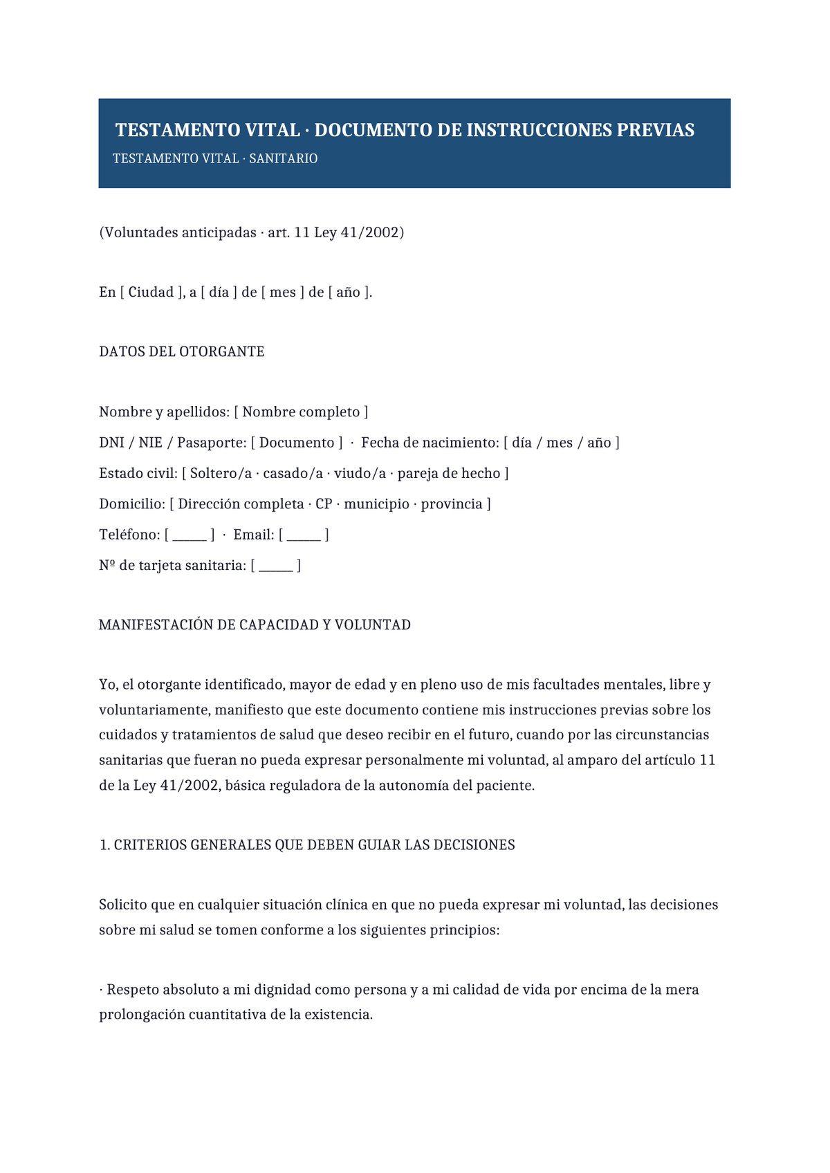 Plantilla Testamento vital sanitario detallado