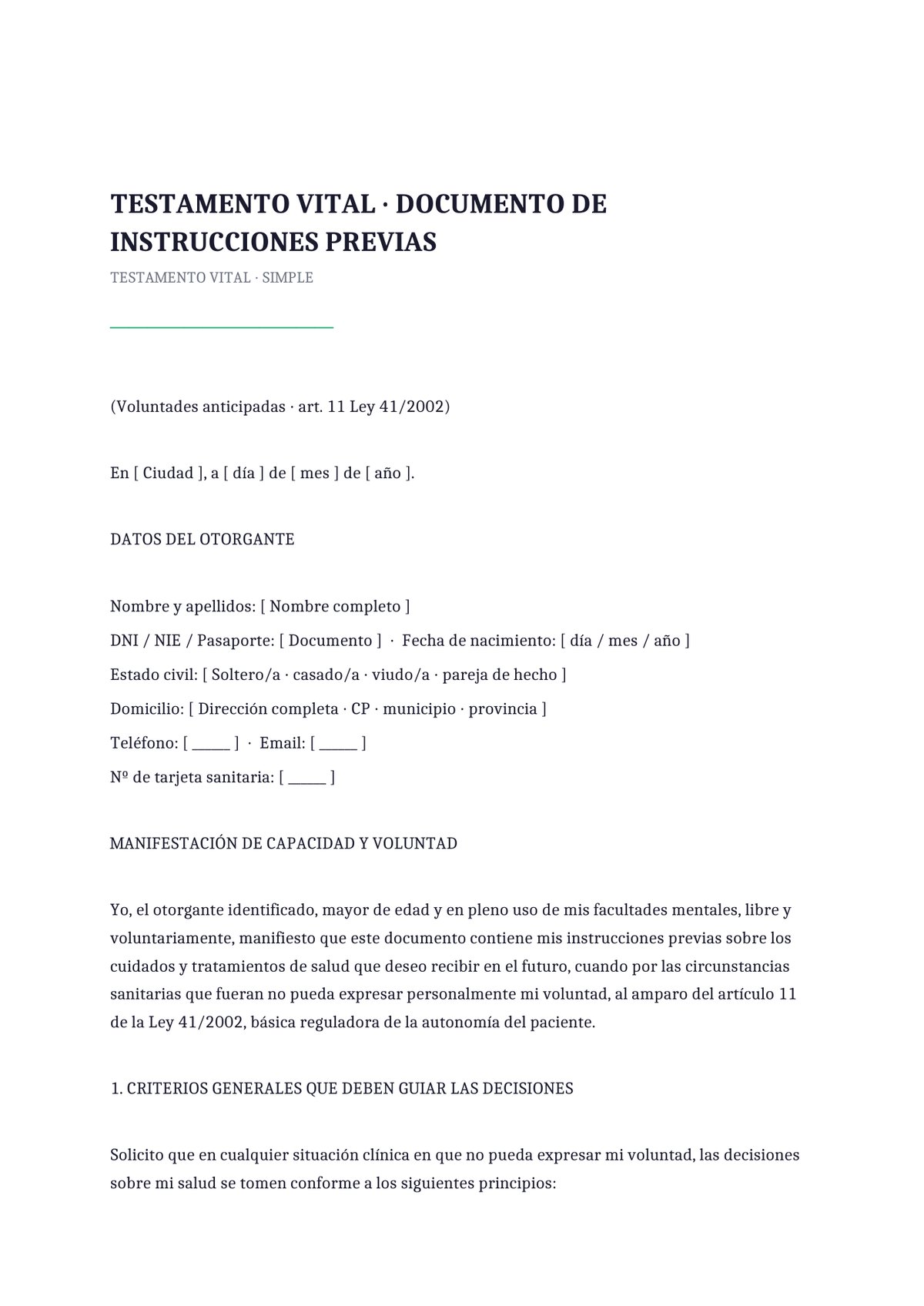 Plantilla Testamento vital simple familiar