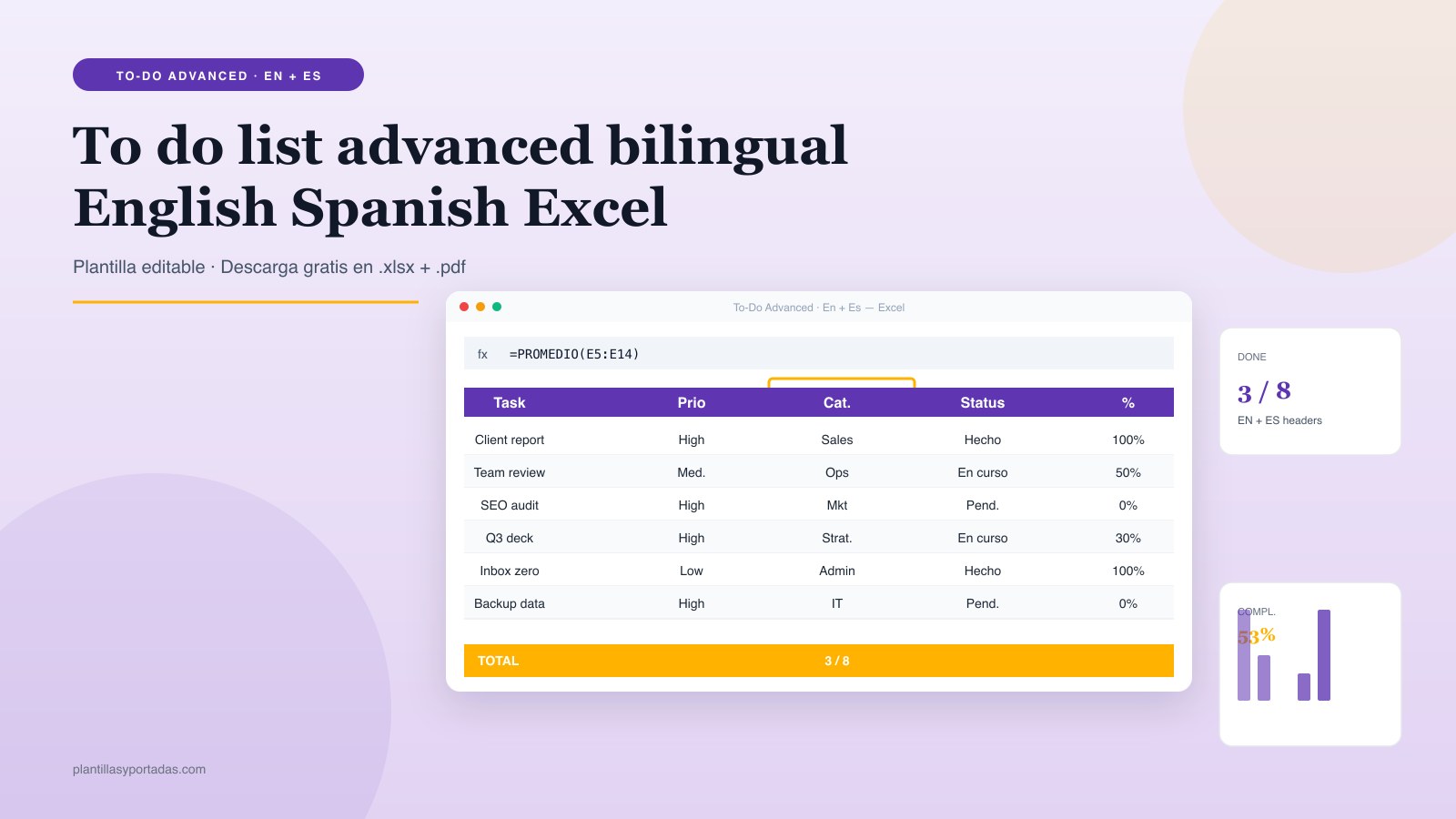 Plantilla To-do List — bilingual EN + ES en Excel